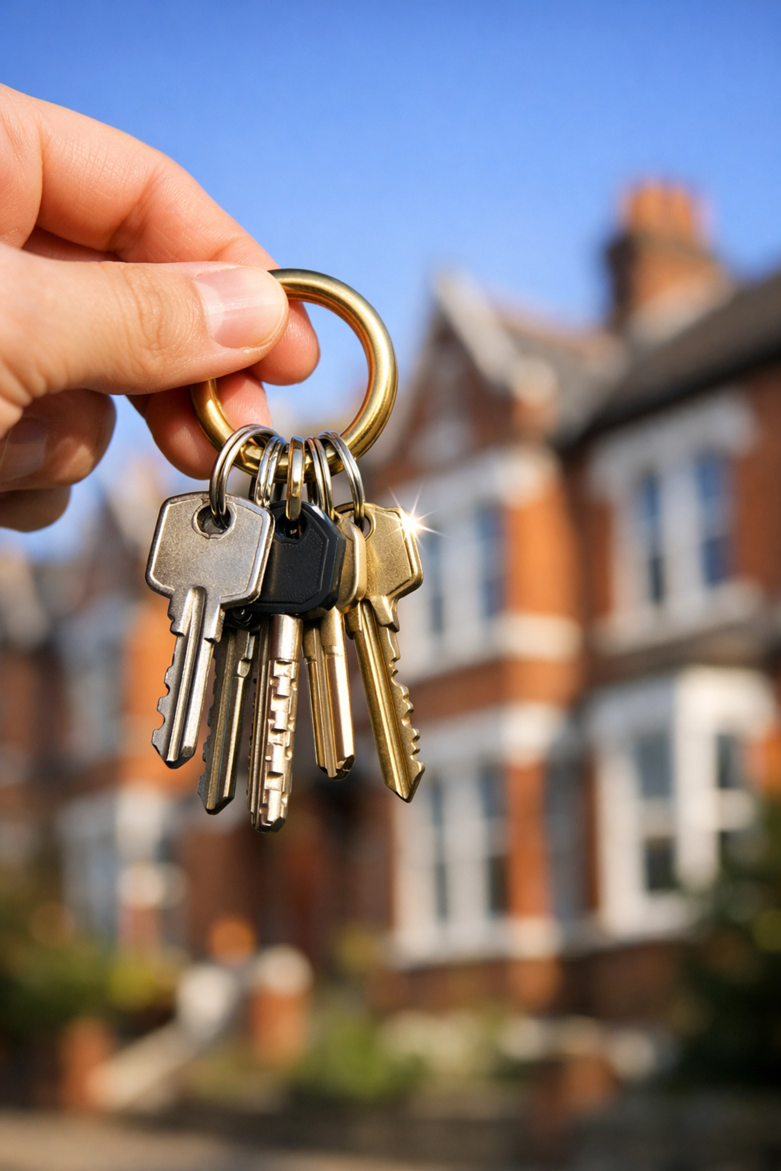 Hand holding keys in front of a Victorian terrace house representing successful HMO investment.