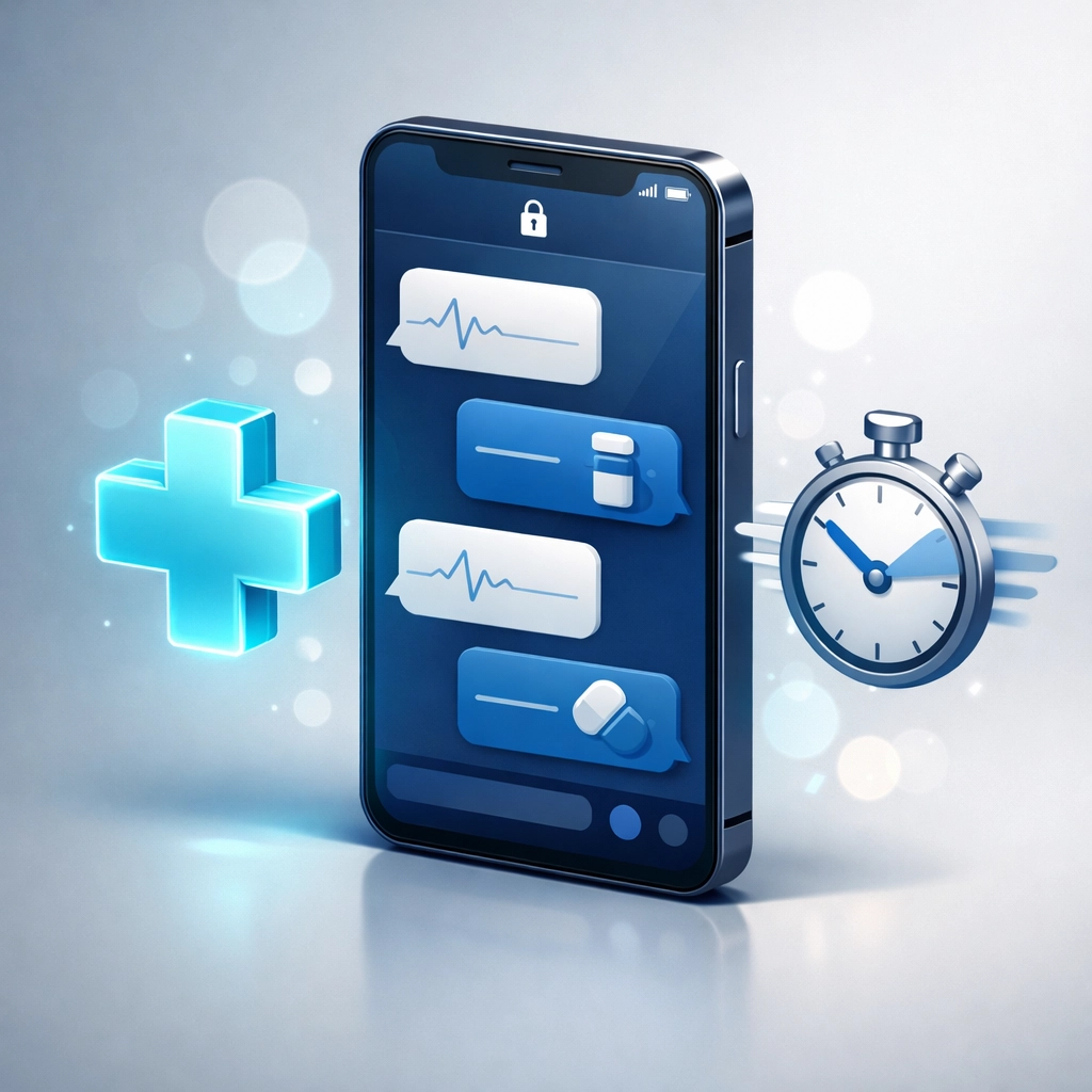 Secure medical chat interface on a smartphone for fast online doctor consultations and prescription refills.