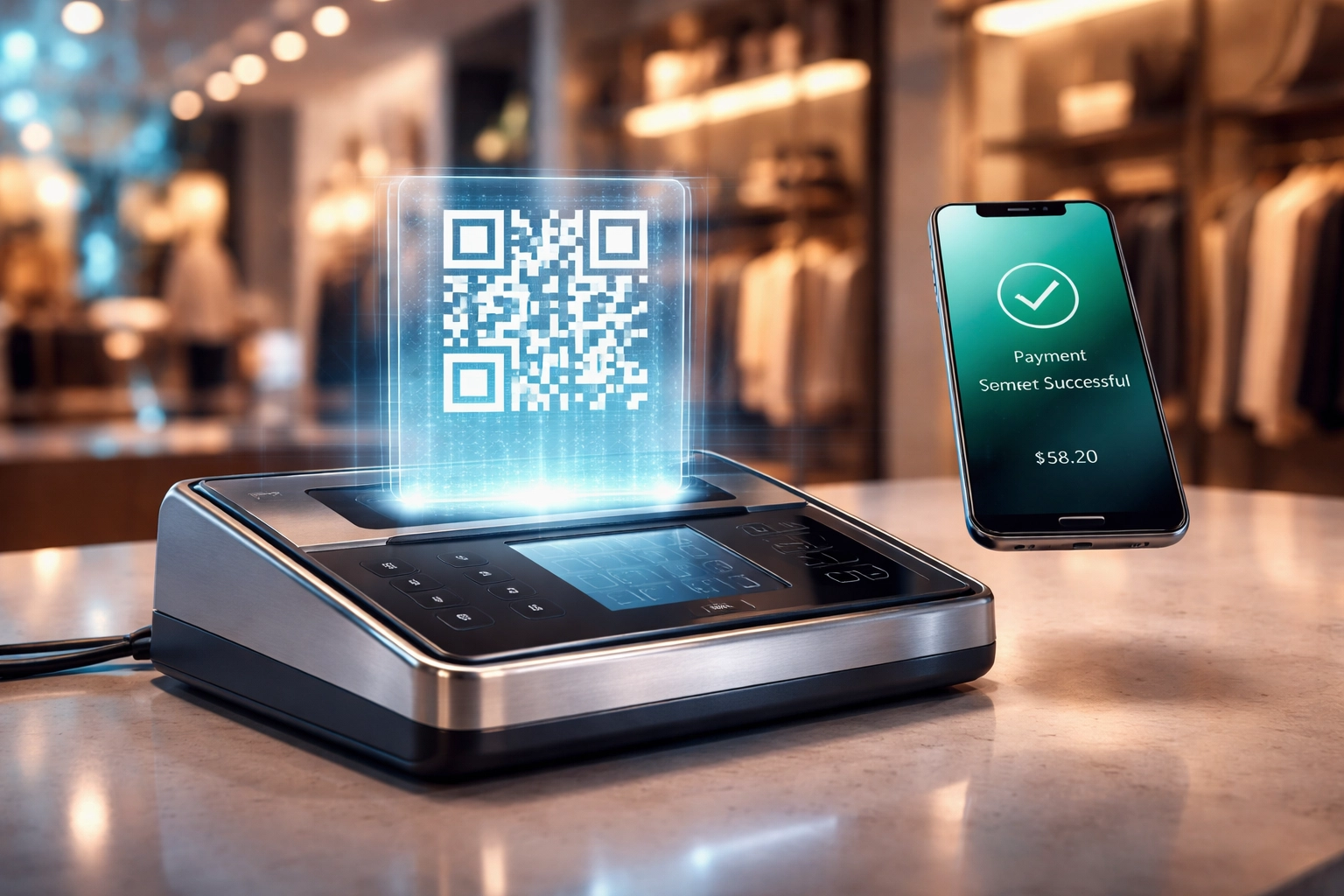 Modern crypto POS system in a retail store enabling instant Web3 payments with QR code and mobile confirmation.