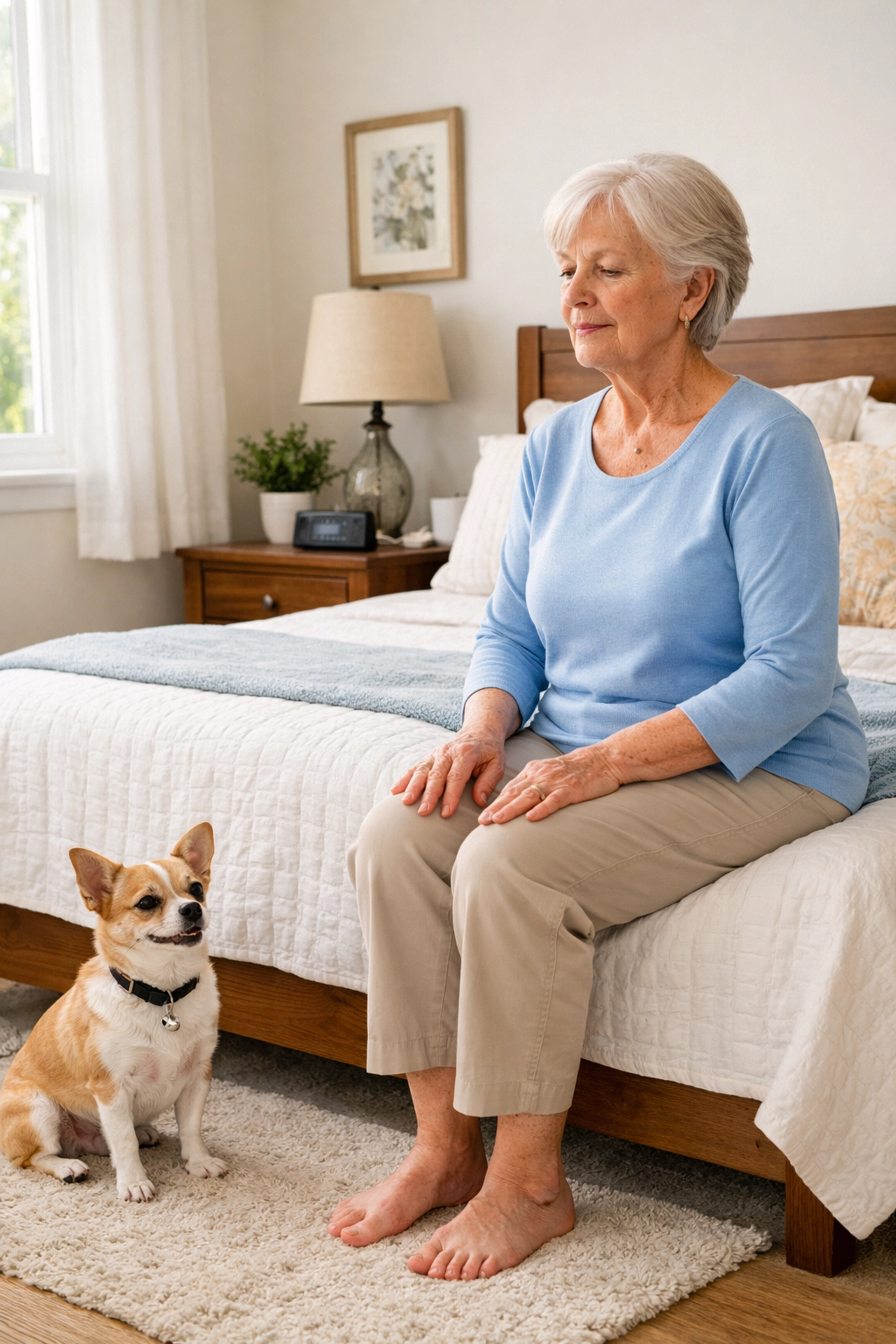 Senior woman sitting safely on her bed practicing the 15-second rule to prevent dizziness when standing.