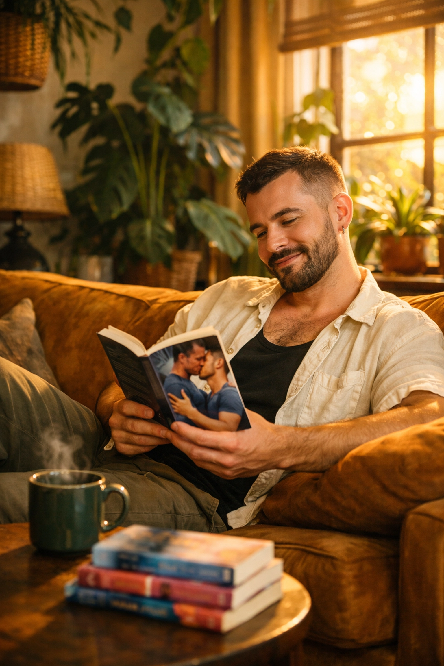 Queer man reading a gay romance book at home to support personal growth and professional self-care.