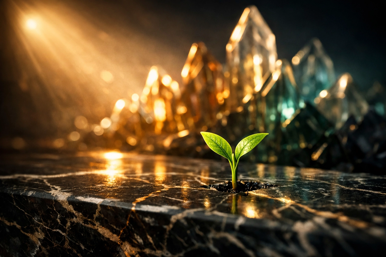 A green sprout growing from a firm stone foundation representing market rebound and economic recovery.