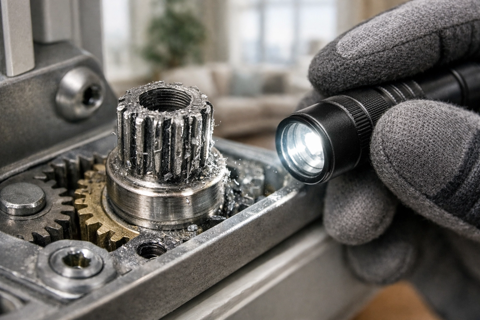 A technician inspecting a damaged casement window crank with stripped gears for repair in a Toronto home.