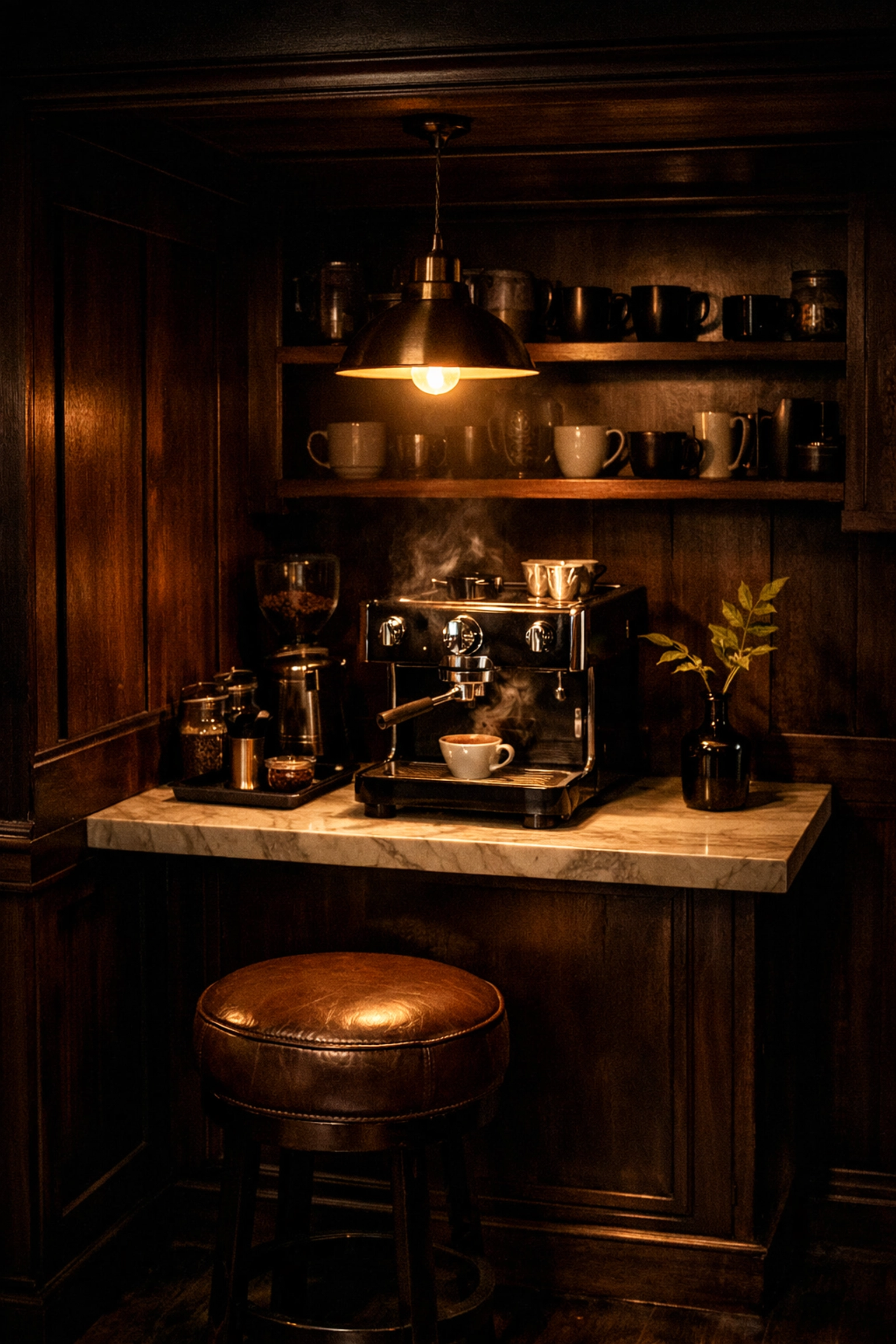 Complete private coffee nook with leather stool, pendant lighting, and wooden shelving