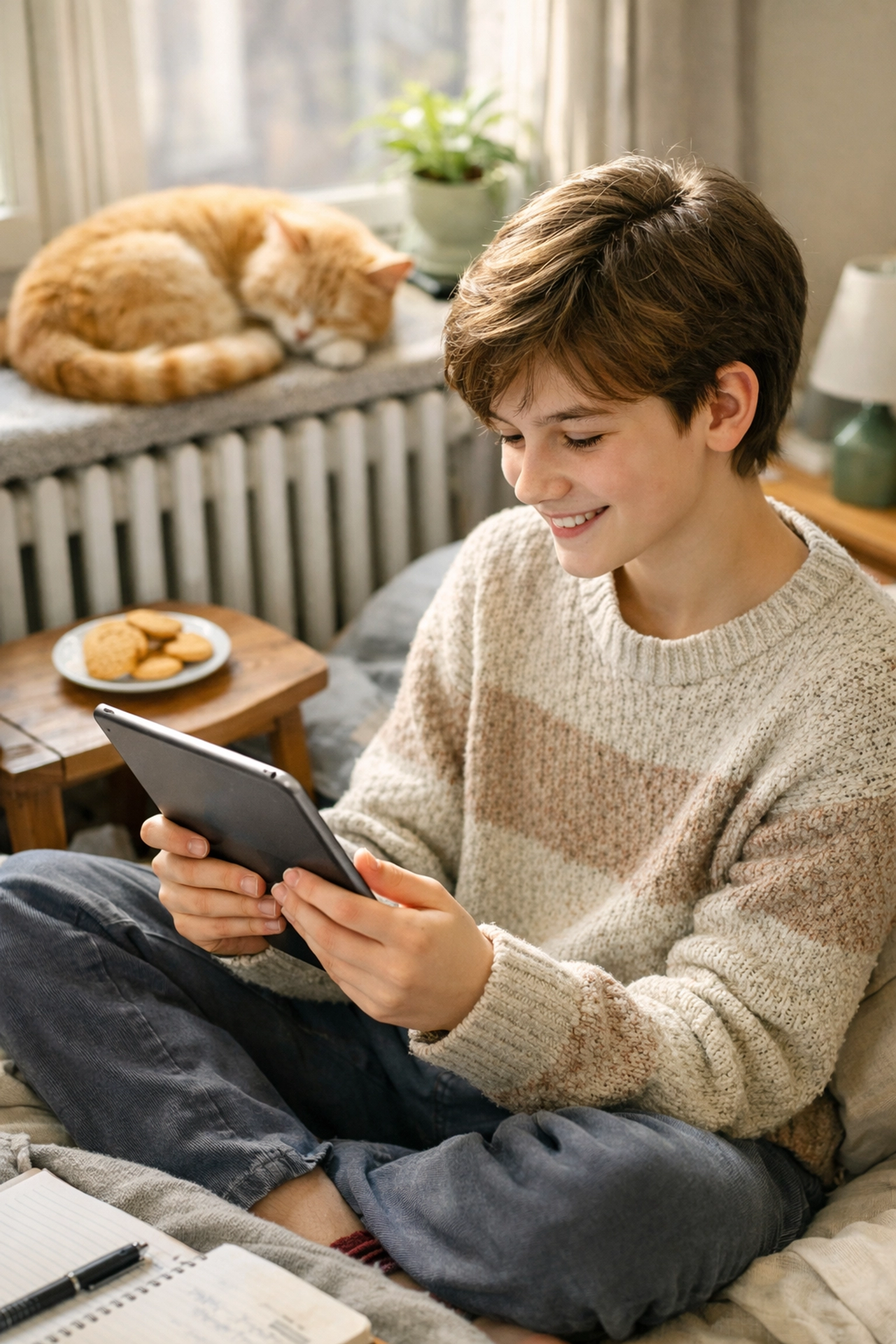 A relaxed student using a tablet for online tutoring in a comfortable, sunlit home environment.
