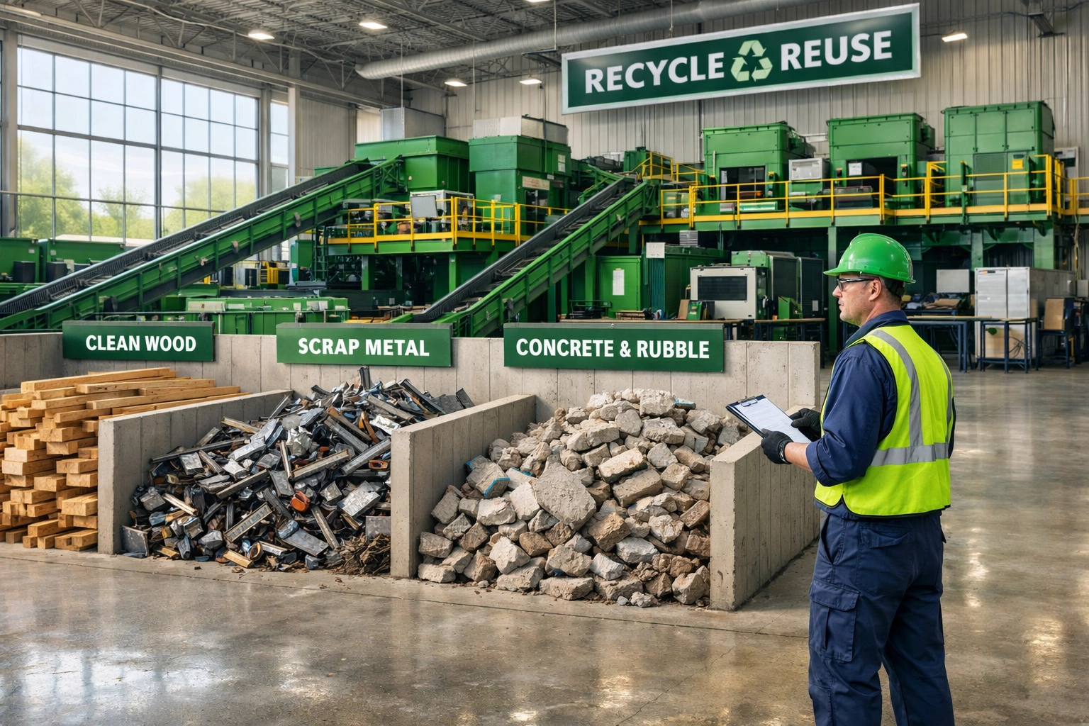 Why Professional Bin Rentals Beat DIY Junk Hauling in the GTA Organized GTA recycling facility sorting construction materials for eco-friendly waste management.