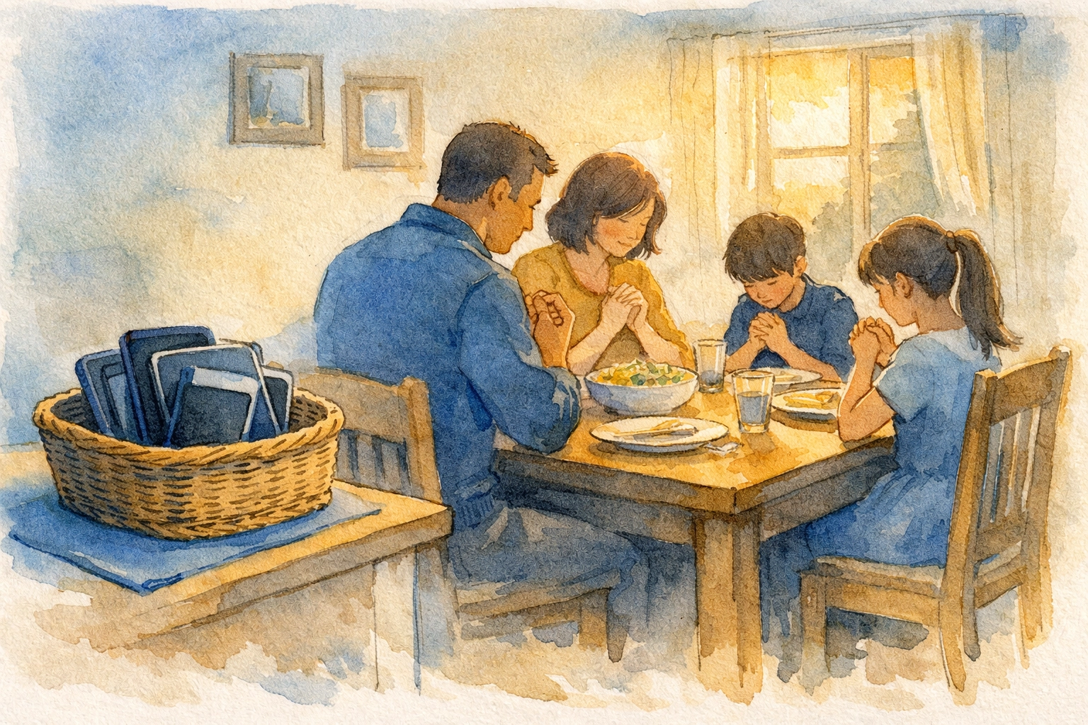 Family enjoying dinner together with phones put away for Sabbath rest