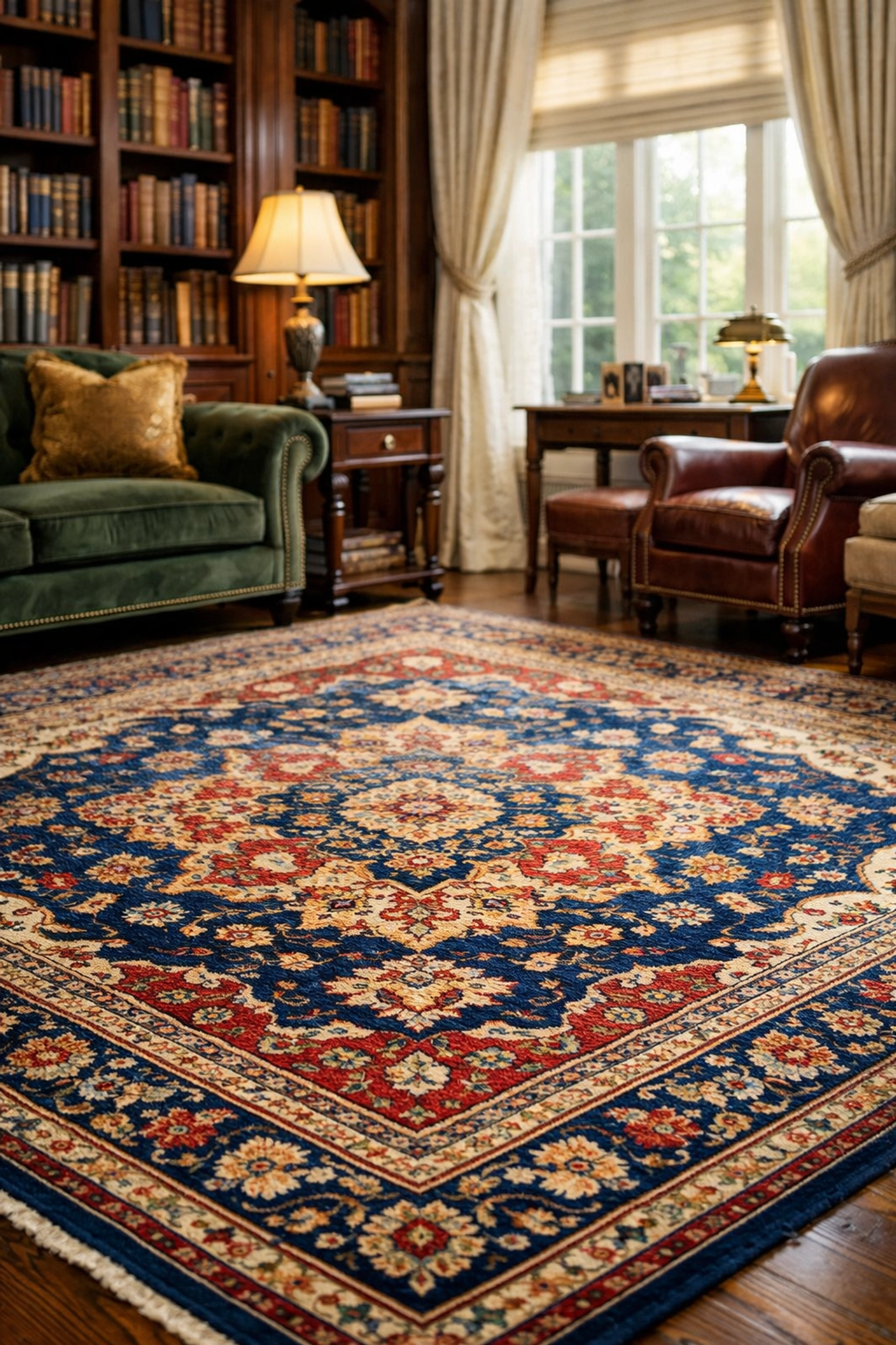 Deep steam cleaned oriental rug and upholstery in a luxury Westchester home library.