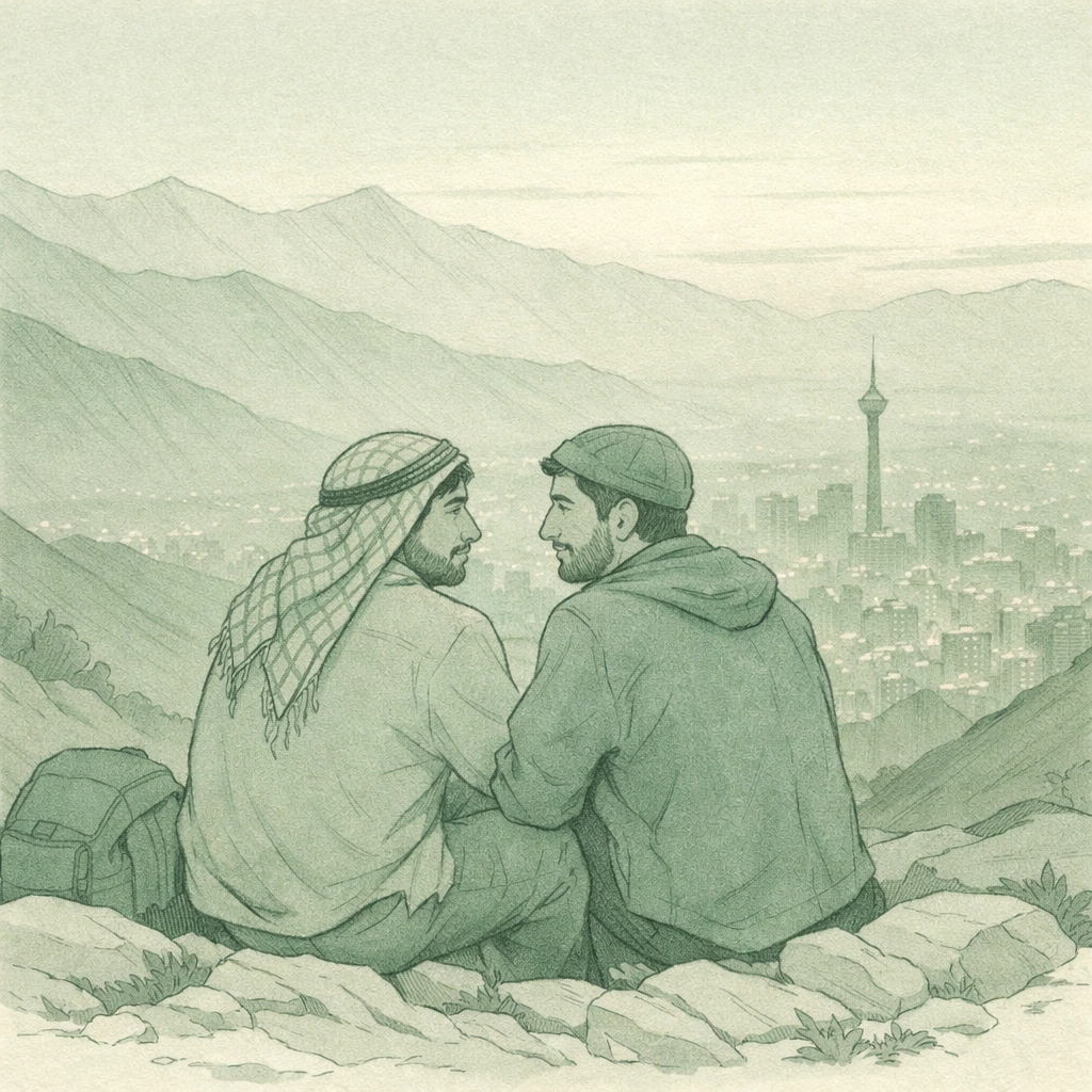 Gay couple sharing intimate moment on Darband mountain trails overlooking Tehran