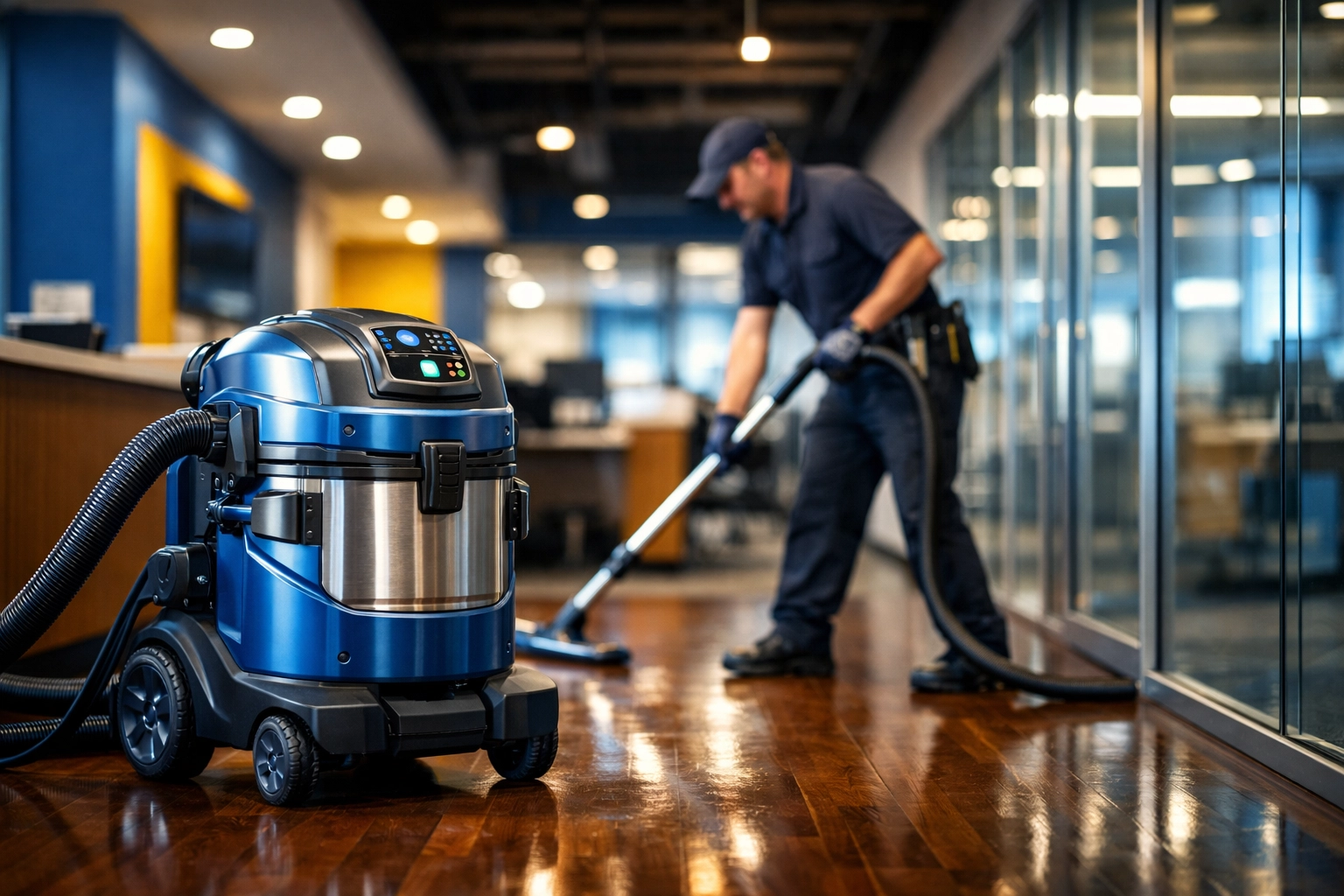 Professional cleaner using a HEPA vacuum for commercial post-construction cleaning MA in a Boston office.