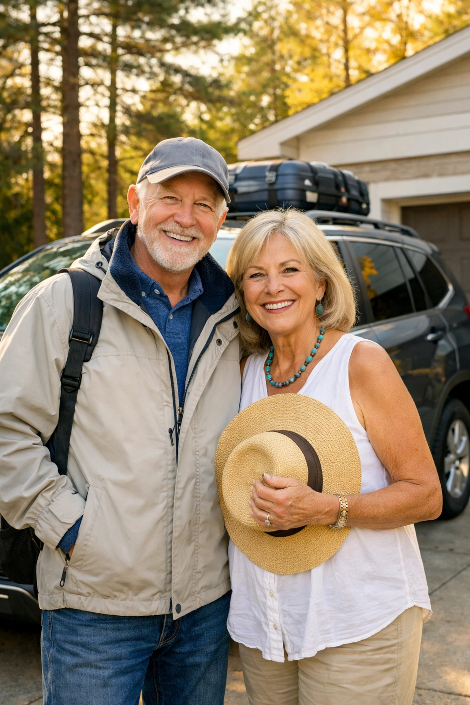 Senior couple preparing for a road trip from Minnesota to Florida, considering Medicare travel coverage.