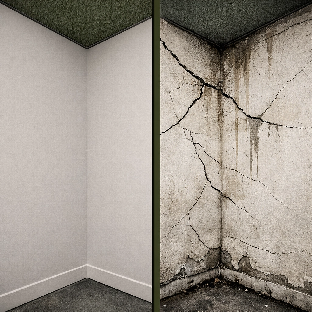 Comparison of pristine wall versus foundation cracks and water damage in home