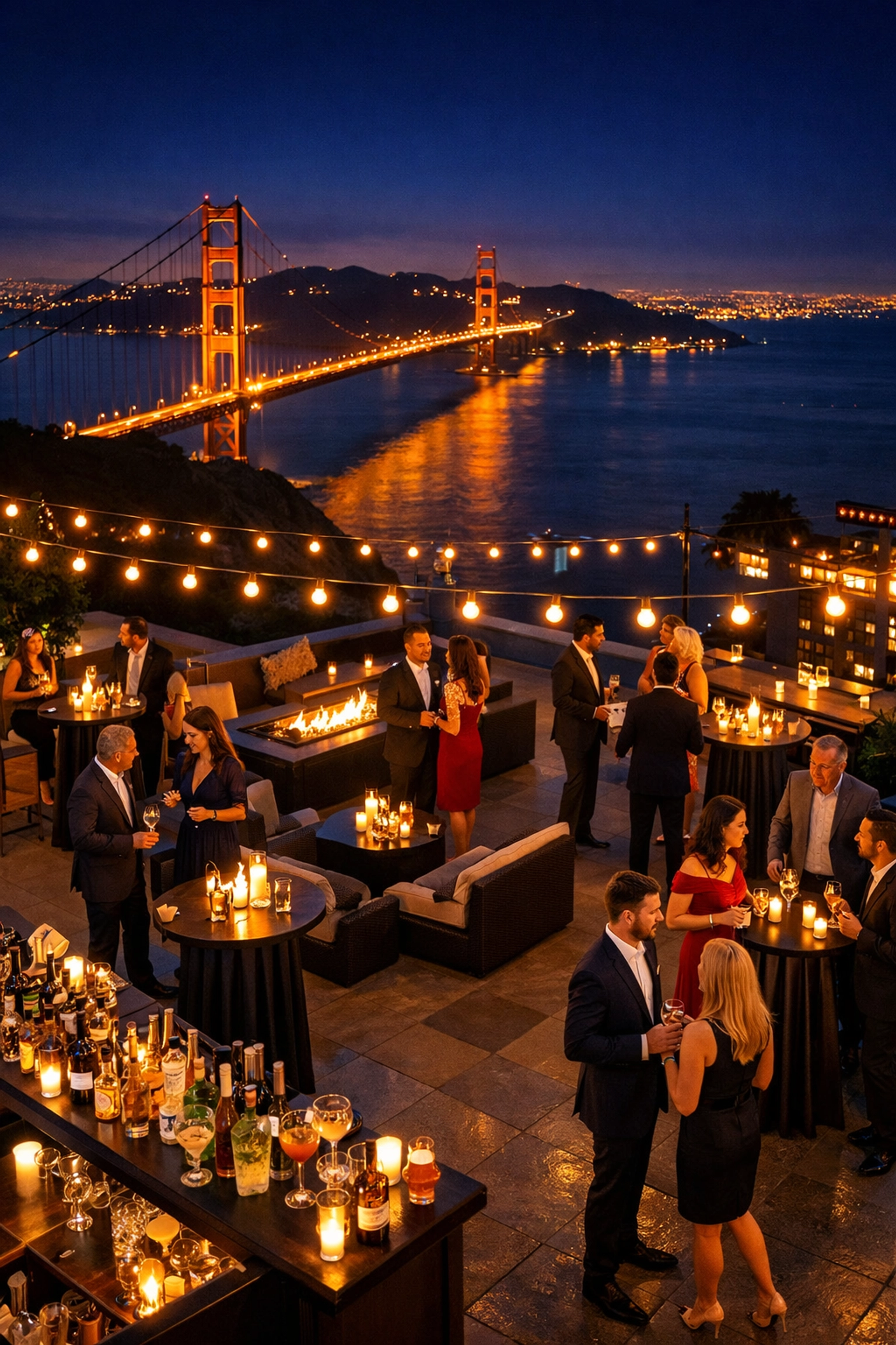 Exclusive Super Bowl rooftop after-party overlooking San Francisco Bay at night