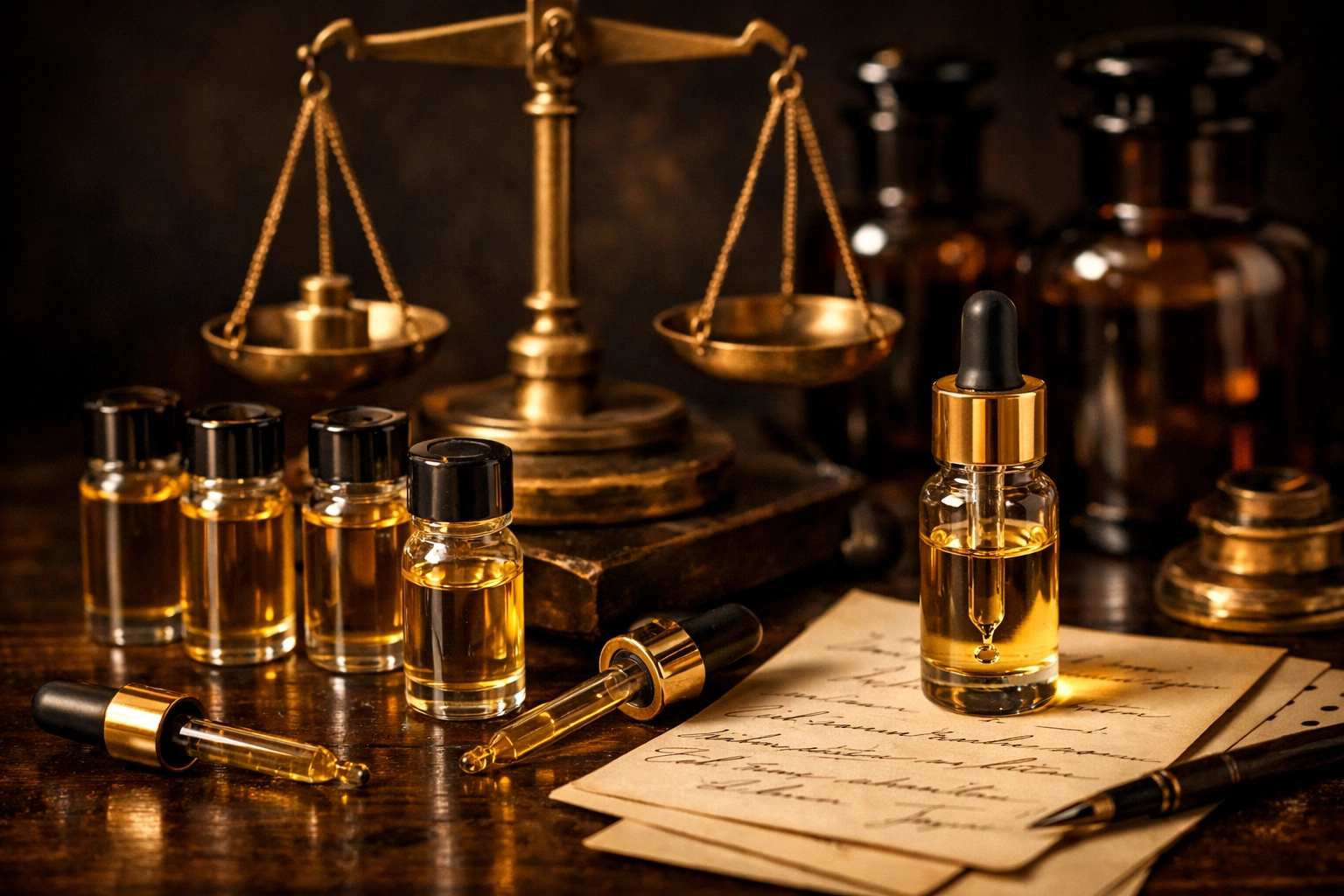 Glass vials of golden perfume oils and droppers – traditional maceration and heritage perfumery craft