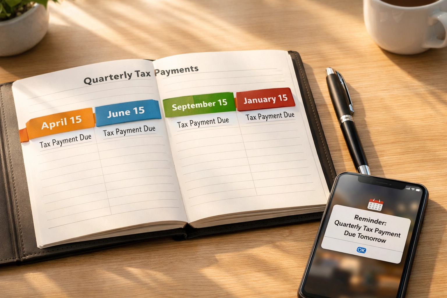 Calendar marked with quarterly estimated tax payment deadlines for April, June, September, January