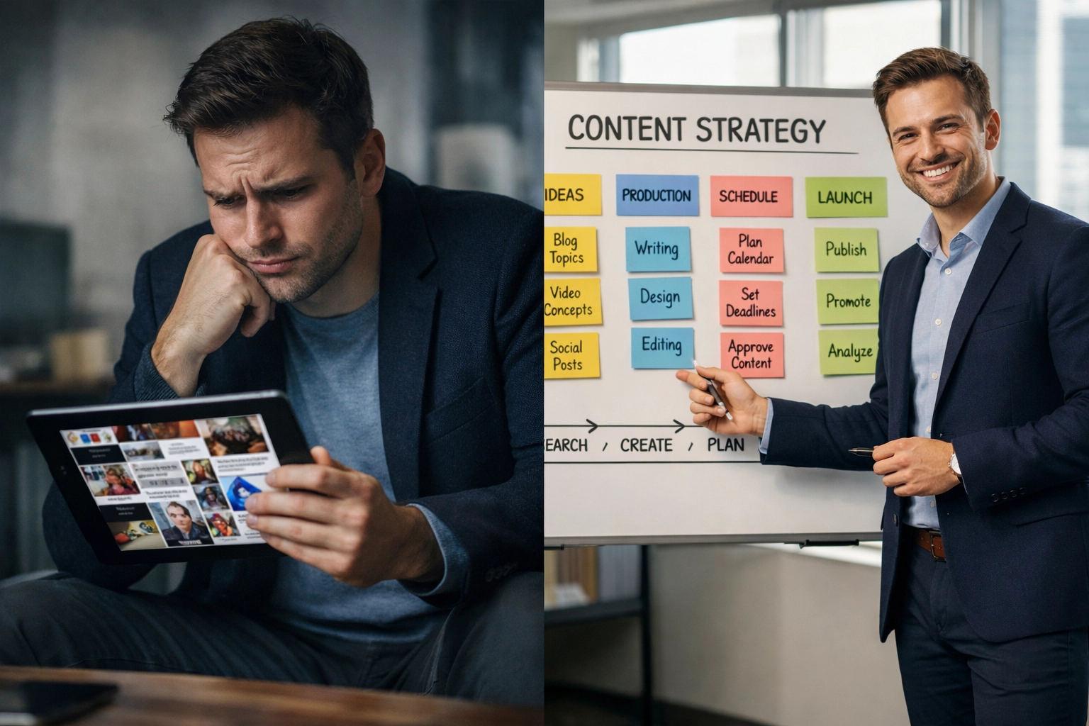 Split view comparing chaotic social media feed to organized content strategy board with clear pillars