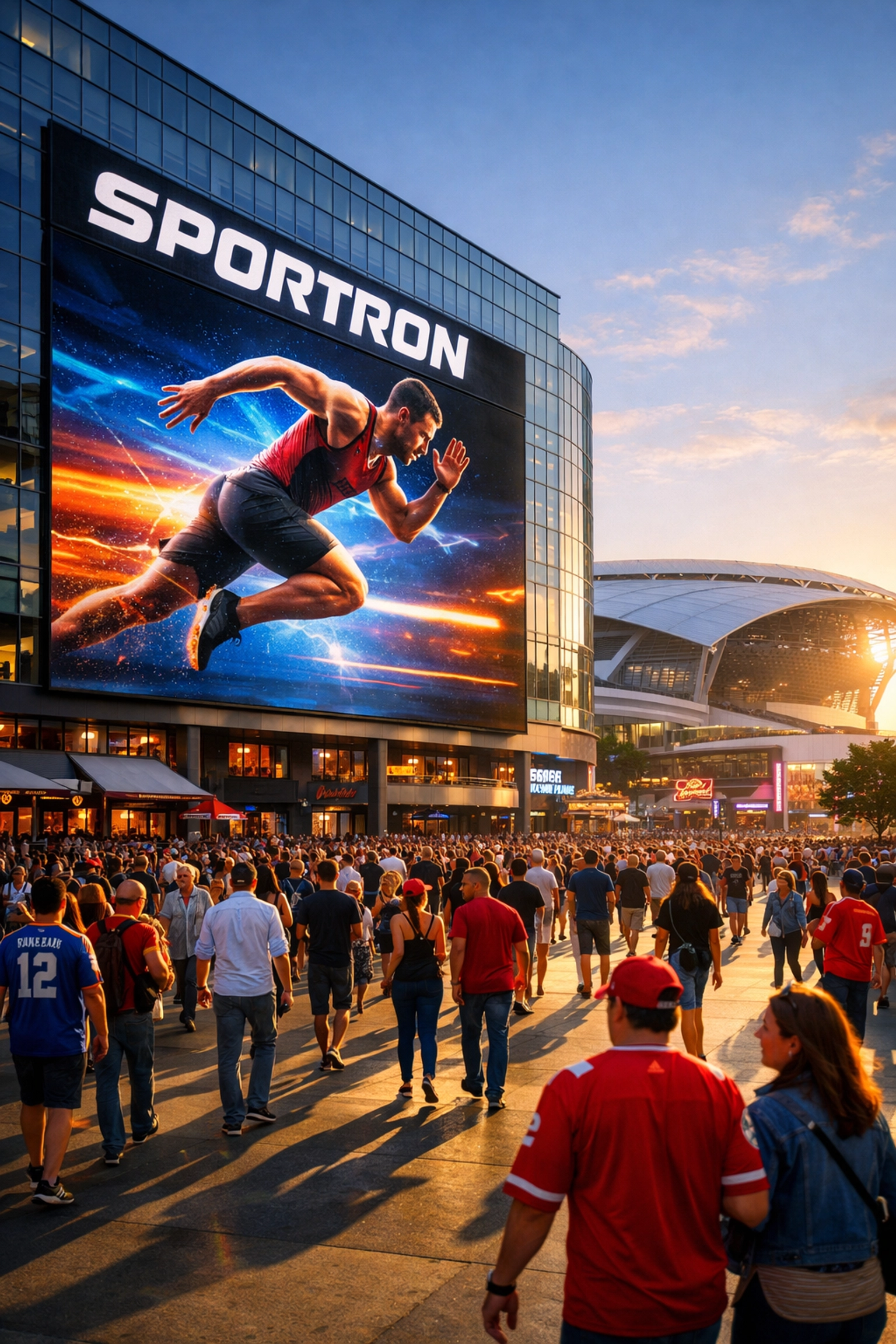 Large digital Sportron billboard in an entertainment district reaching sports fans near a stadium.