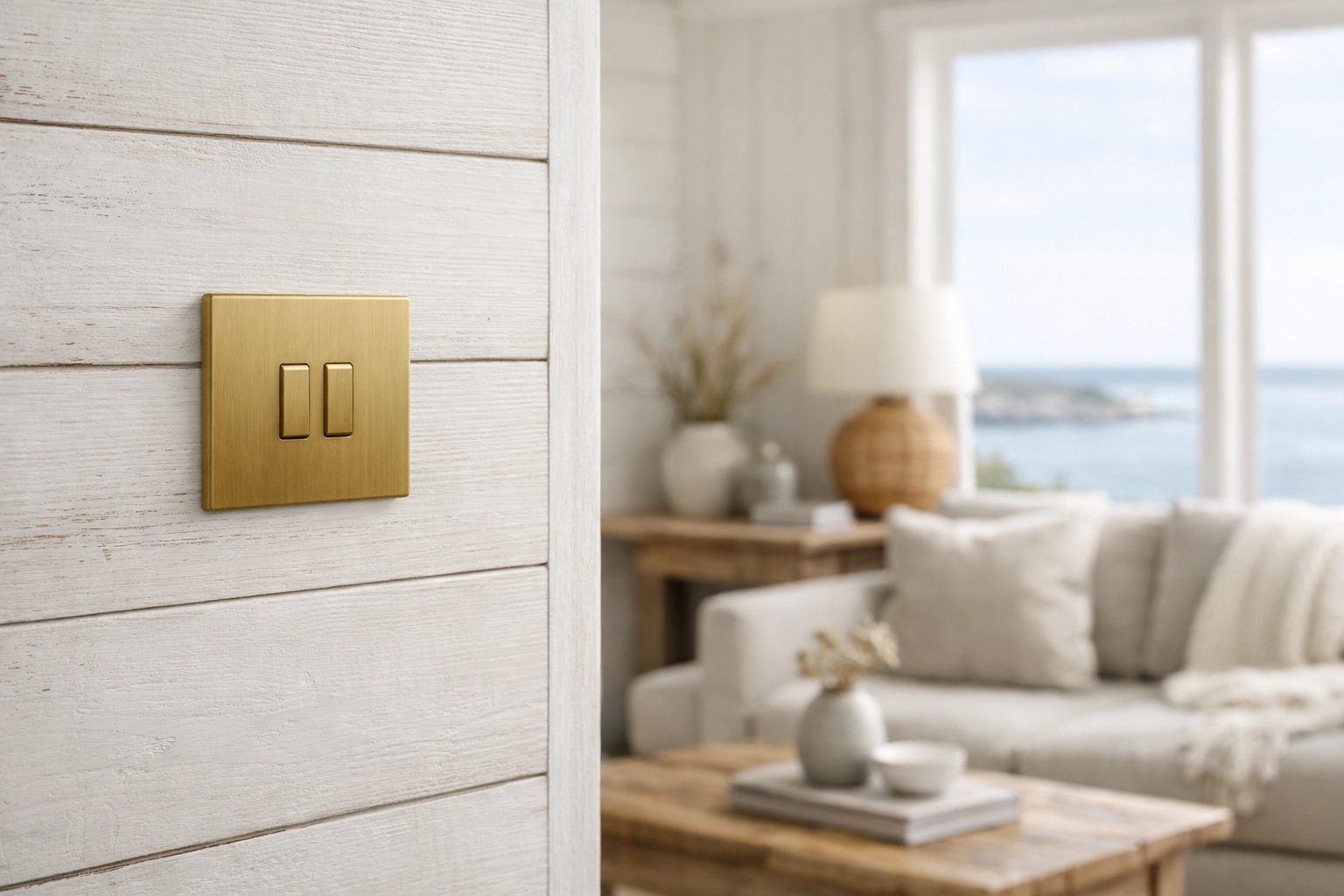 Modern light switch in a renovated historic Rockland Maine home with coastal views.