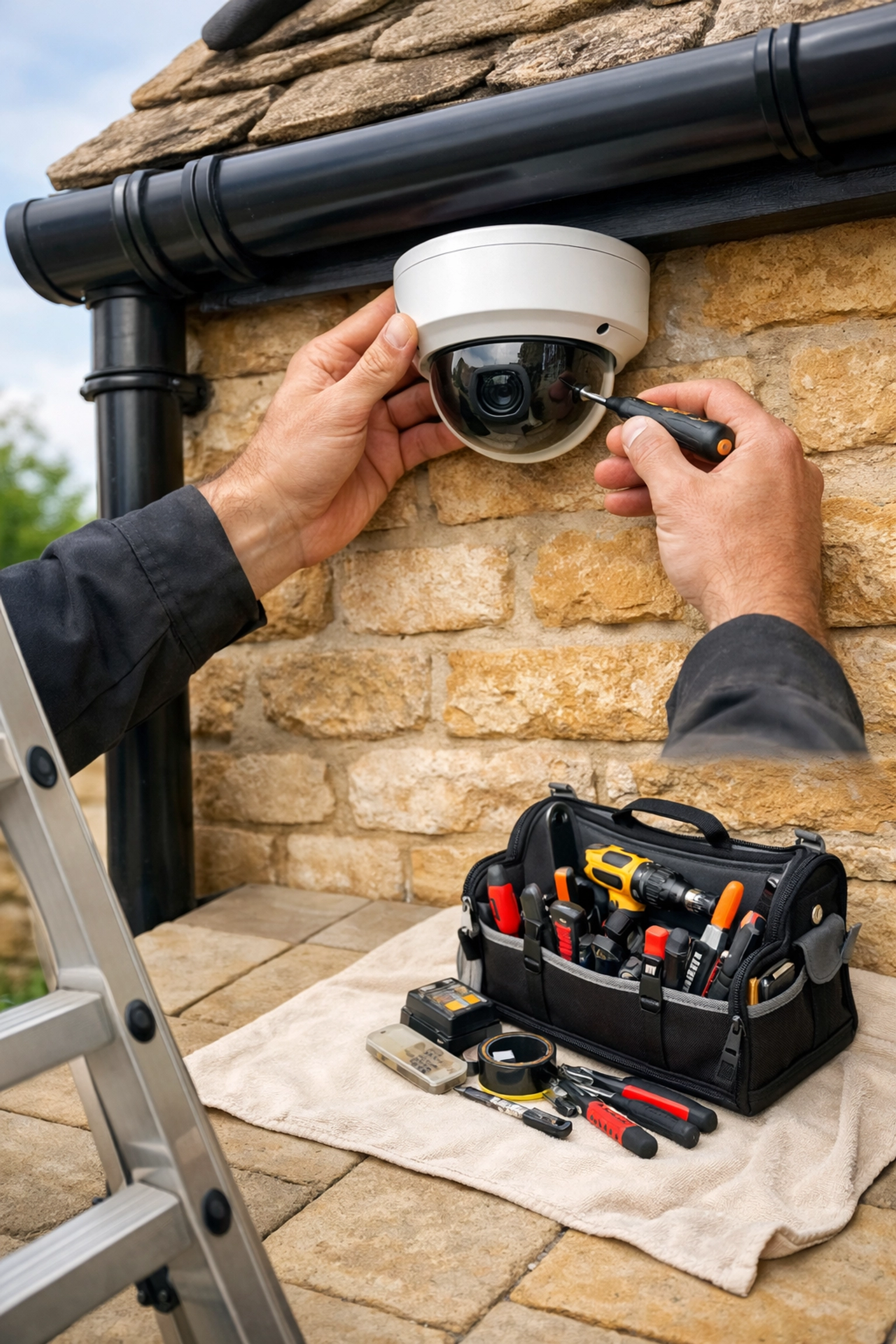 Professional security camera installation in Gloucestershire showing tidy wiring and expert craftsmanship.