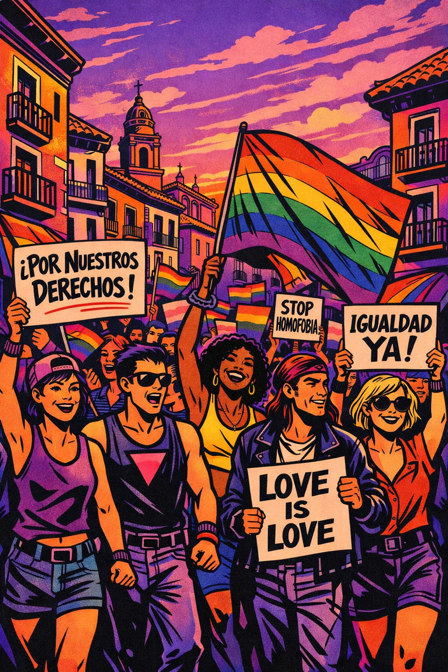 LGBTQ+ activists marching with rainbow flags in Spain during 1990s gay rights movement