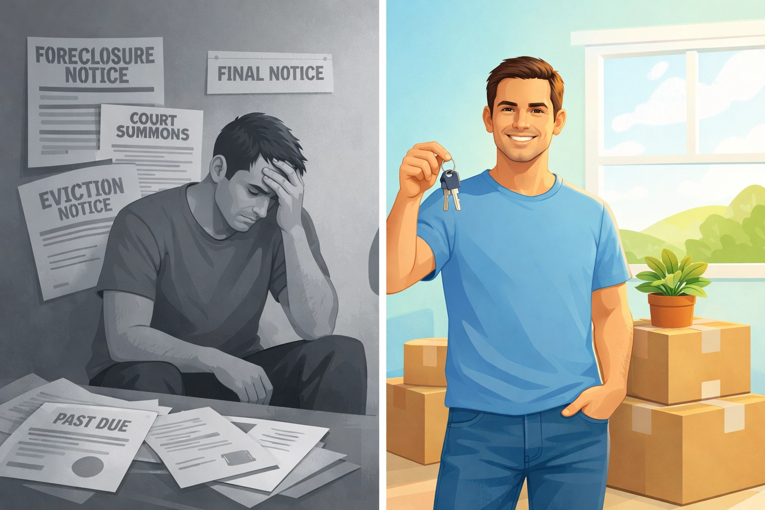 Contrast showing stressed homeowner with foreclosure notices vs. relieved homeowner with fresh start