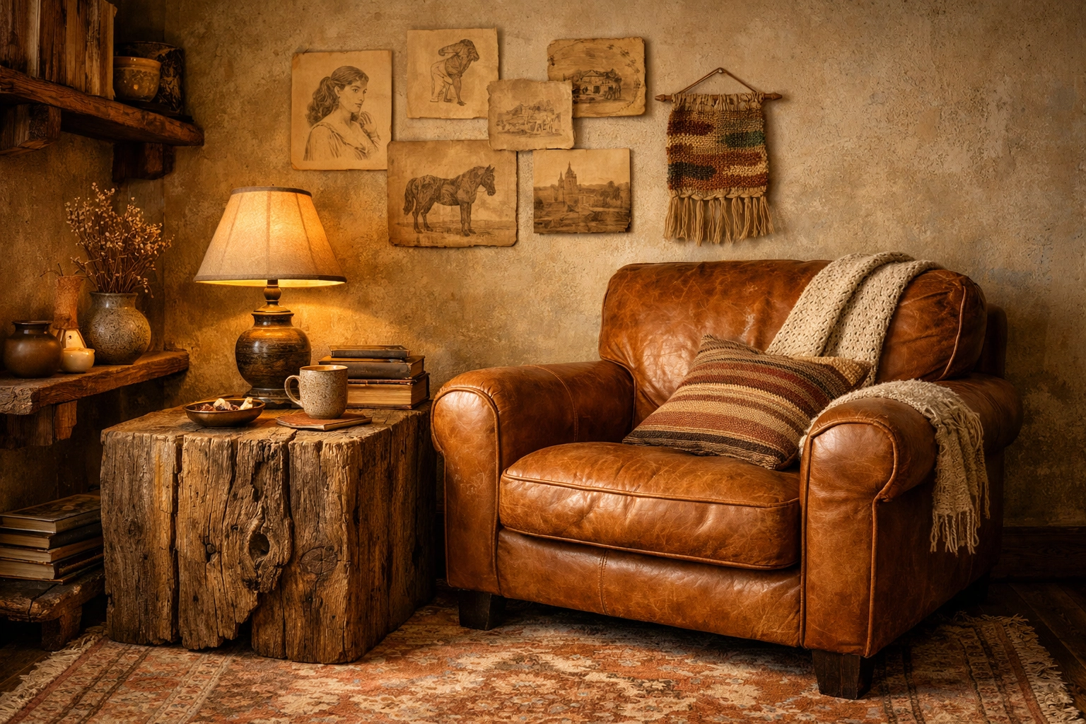 Rustic living room nook with a leather armchair and eclectic wall art showing the collected over time aesthetic.