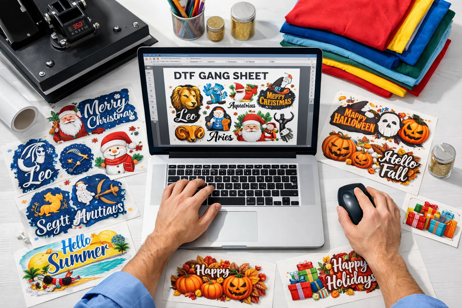 Custom DTF gang sheet design workspace with printed transfers and heat press machine