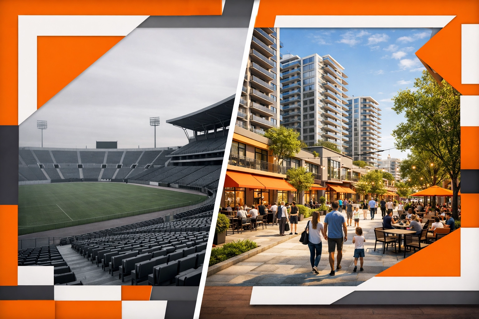 Comparison showing transformation from empty single-use stadium to vibrant mixed-use development