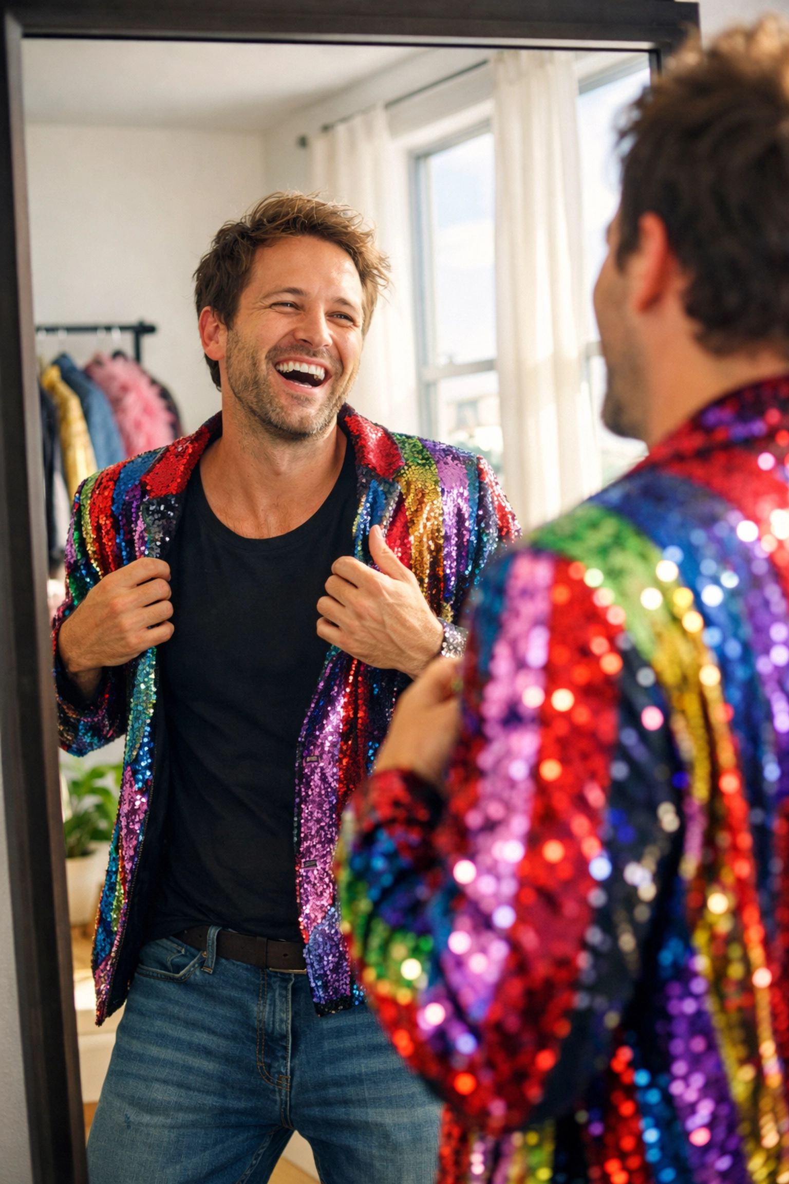 Queer late-bloomer smiling in sequined jacket, celebrating self-discovery milestone