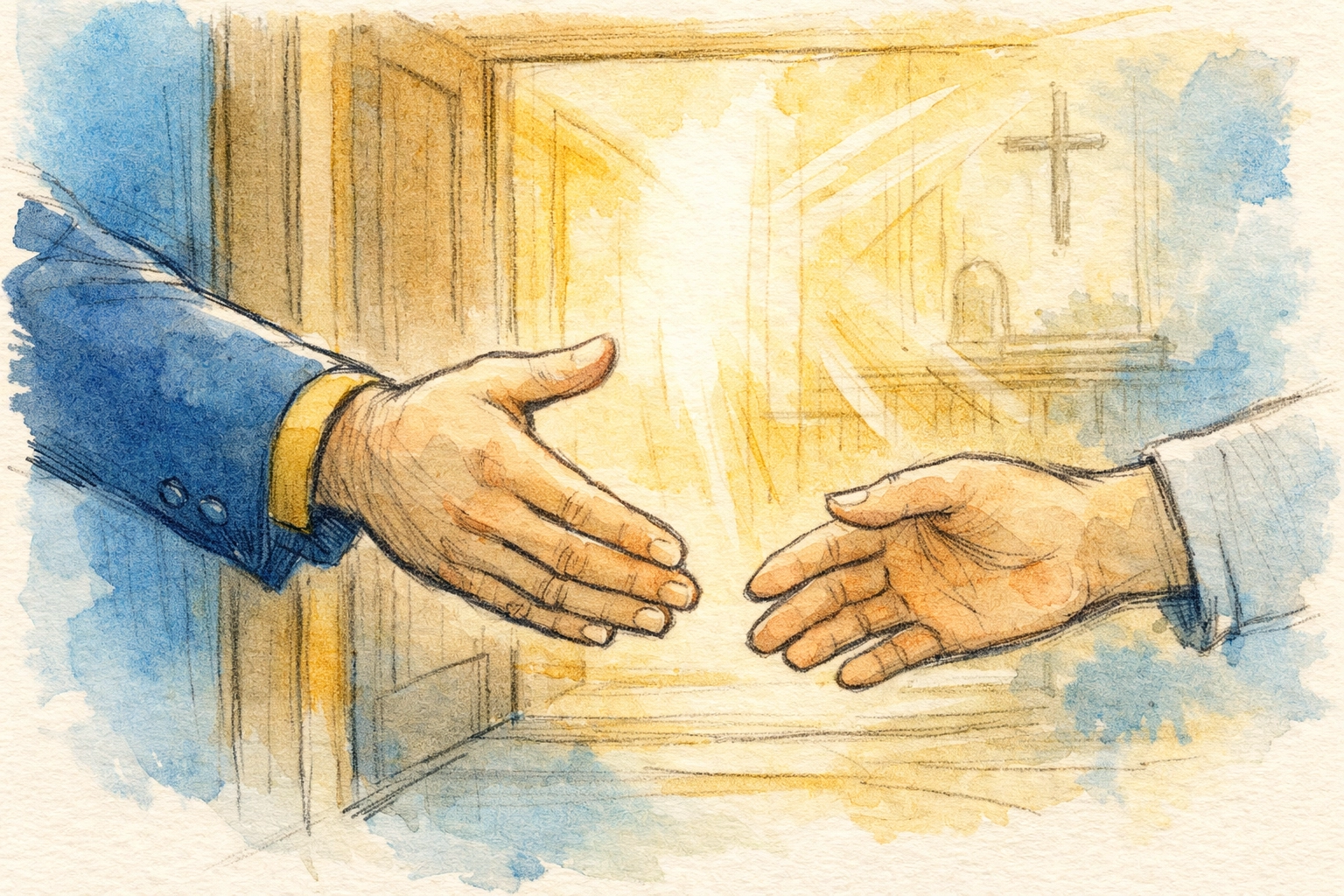 Church greeter extending welcoming handshake to nervous visitor at church entrance