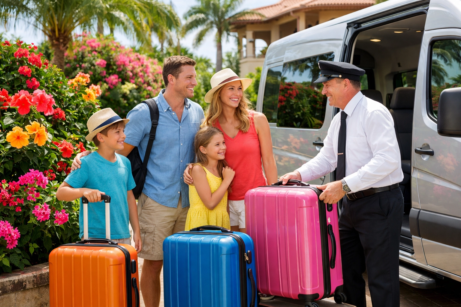 Family arriving for vacation via a professional private transfer from Liberia airport to a resort.