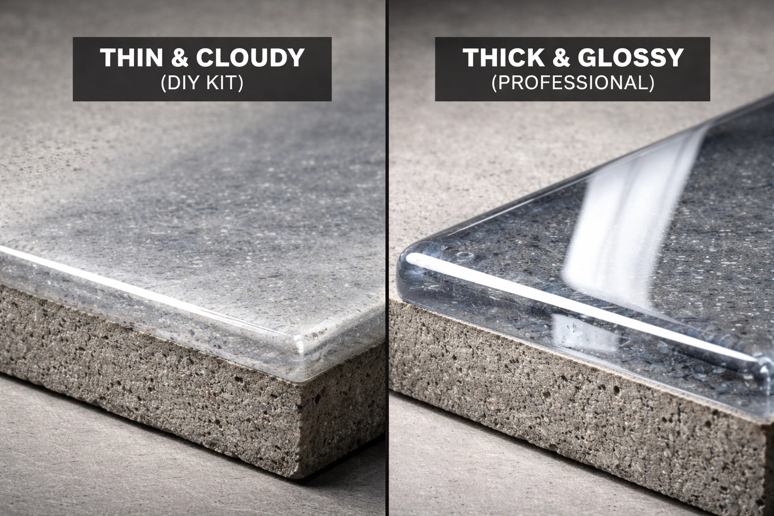 Close-up showing thin, dull DIY epoxy coating beside thick, glossy professional-grade floor finish