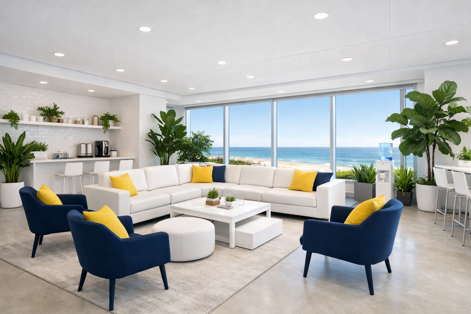 A sanitized and organized office breakroom in Gloucester with coastal views and professional cleaning.