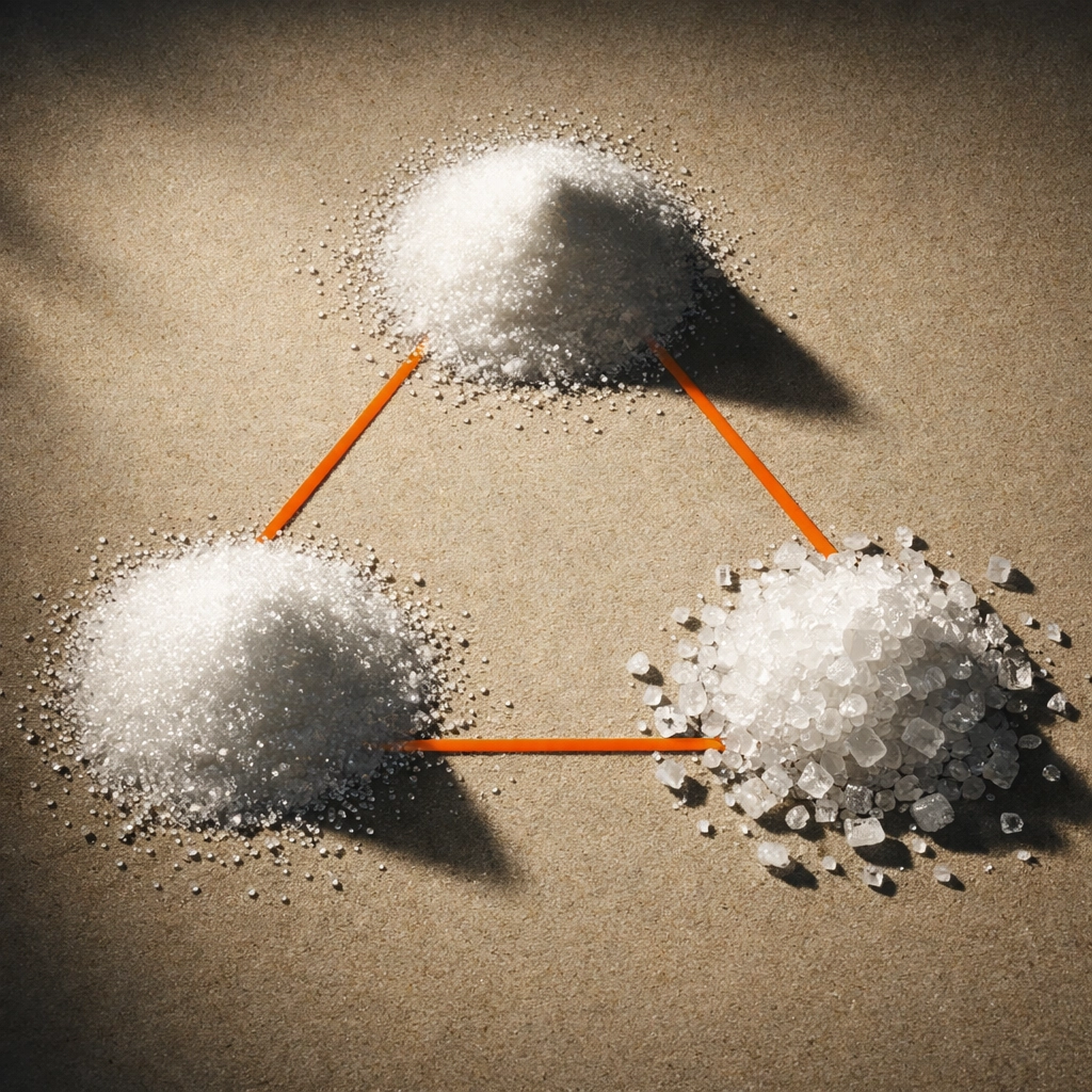Three samples of citric acid powder showing ingredient sourcing variations