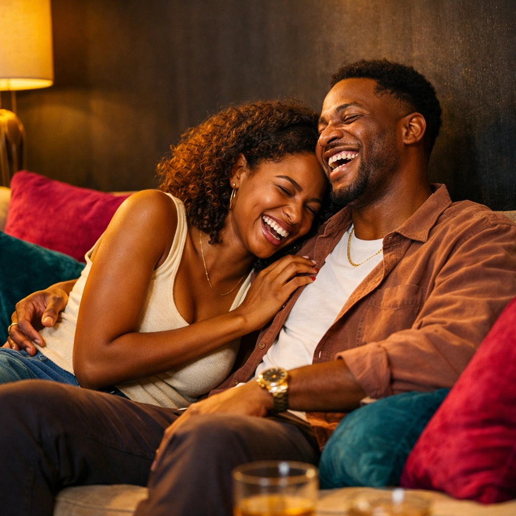 Happy Black couple relaxing in a safe, well-lit modern condo with vibrant urban decor.
