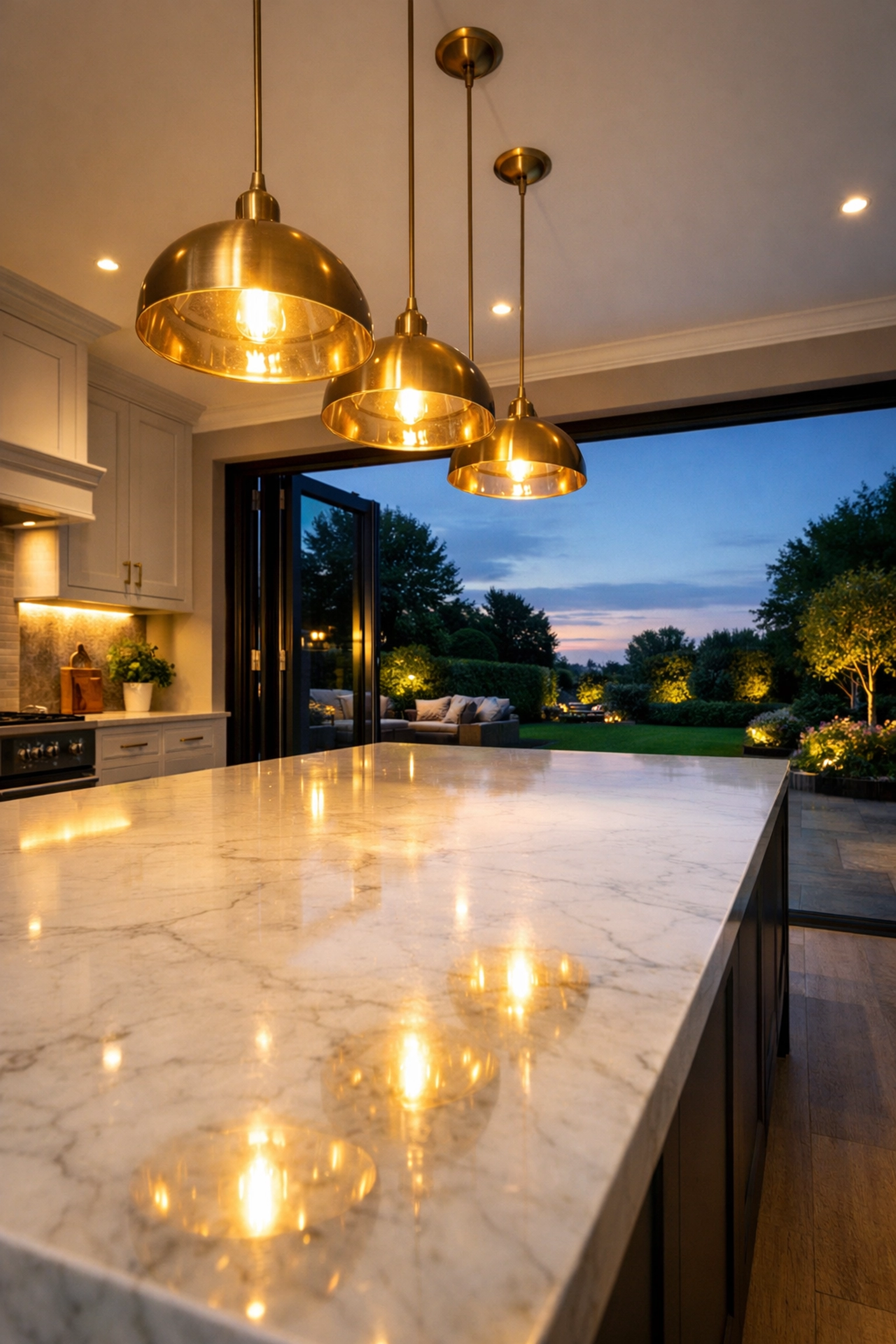 Modern bespoke kitchen extension in West Sussex featuring marble island and large bifold doors.