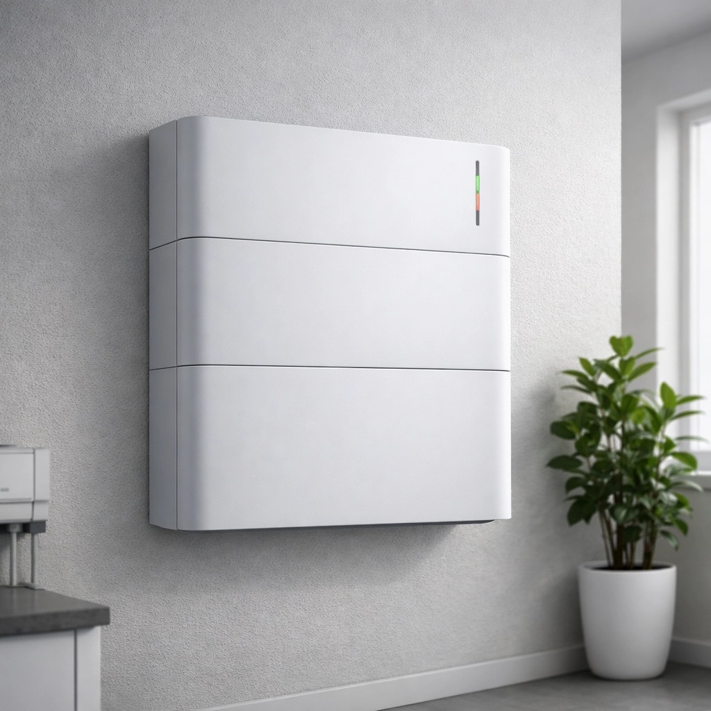 Modern wall-mounted home battery storage system providing energy security and power backup.
