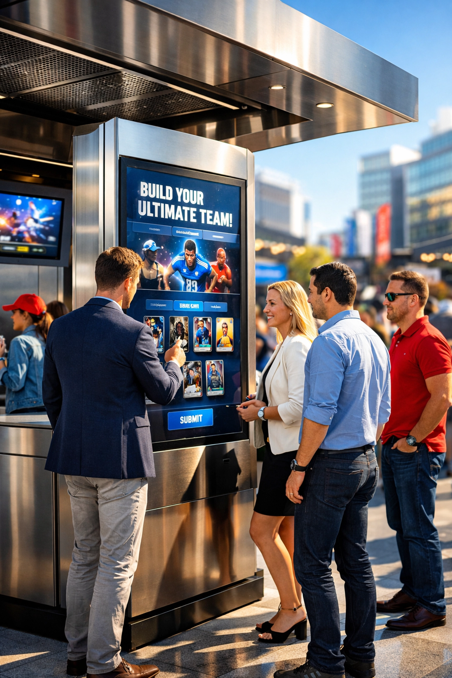 Modern experiential marketing installation and interactive digital kiosk at a Super Bowl fan zone event.