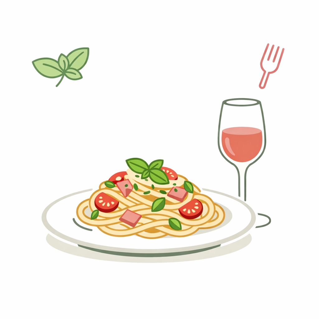 Minimalist illustration of a classic Italian pasta dish and wine, perfect for finding hidden gem restaurants in Adelaide.