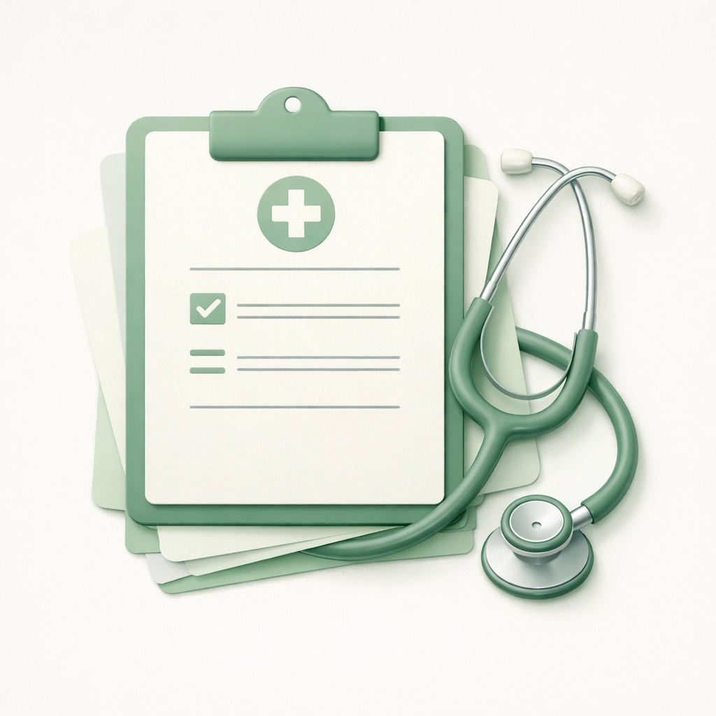 Medical clipboard and stethoscope illustrating the GP referral process for hearing aid subsidies.