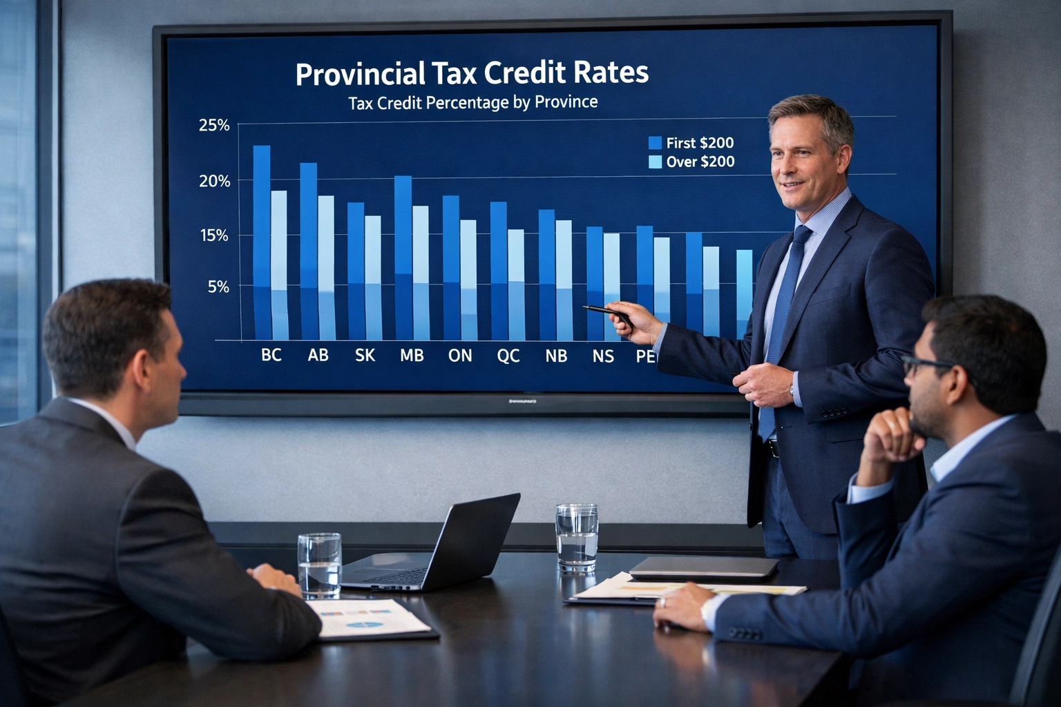 Business meeting comparing provincial tax credit rates for mineral exploration investments