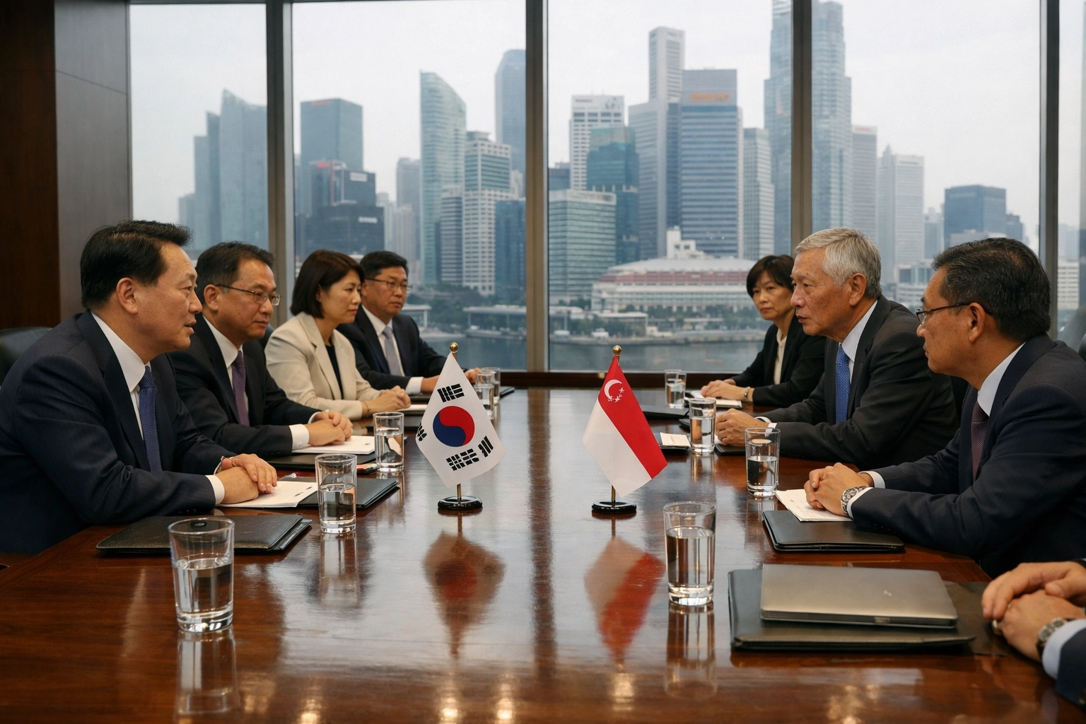 Korean and Singaporean officials meet in a Singapore boardroom to discuss the $300M AI fund and deep-tech growth.