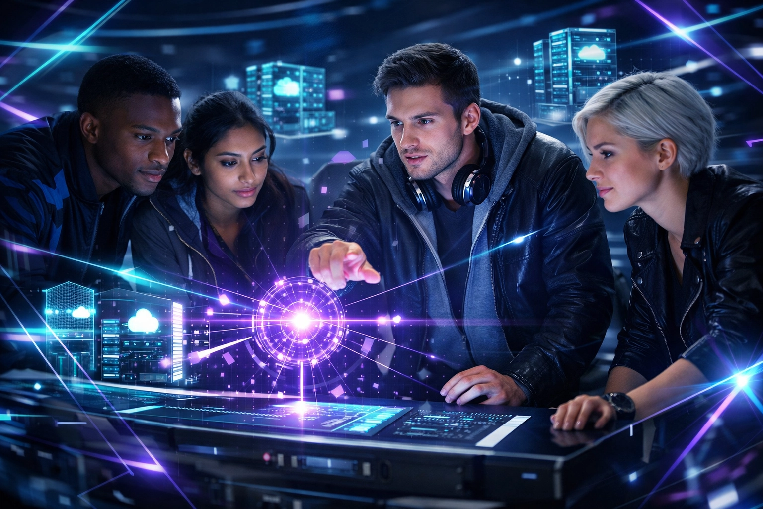 Students collaborating at a high-tech console to build skills for the Gen Z cloud architecture talent funnel.