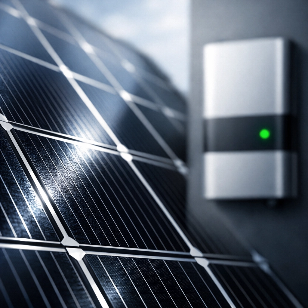 Close-up of high-quality Tier 1 monocrystalline solar panels with a modern battery storage system.