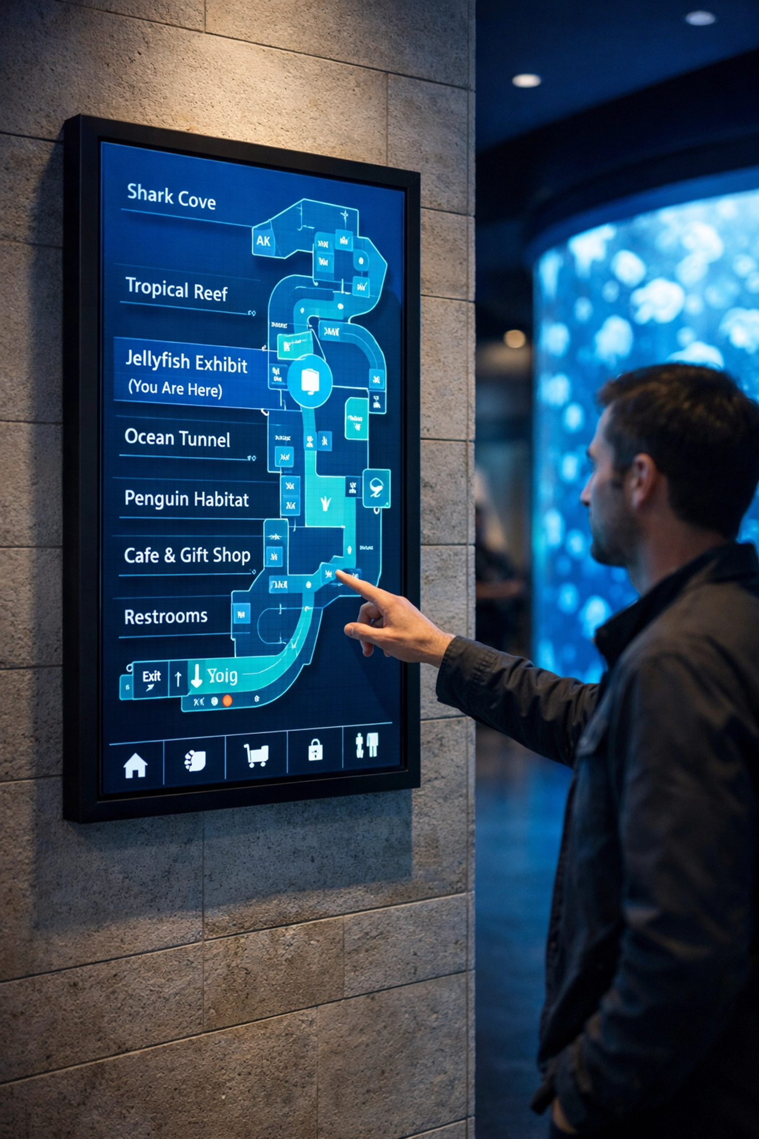 An interactive digital wayfinding map in a modern aquarium hallway near a jellyfish exhibit.