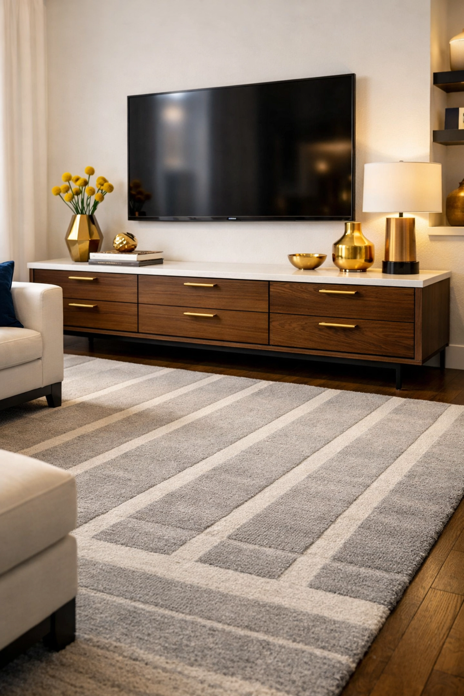 Professional living room maintenance in Wayland featuring a dusted console and vacuumed rug.