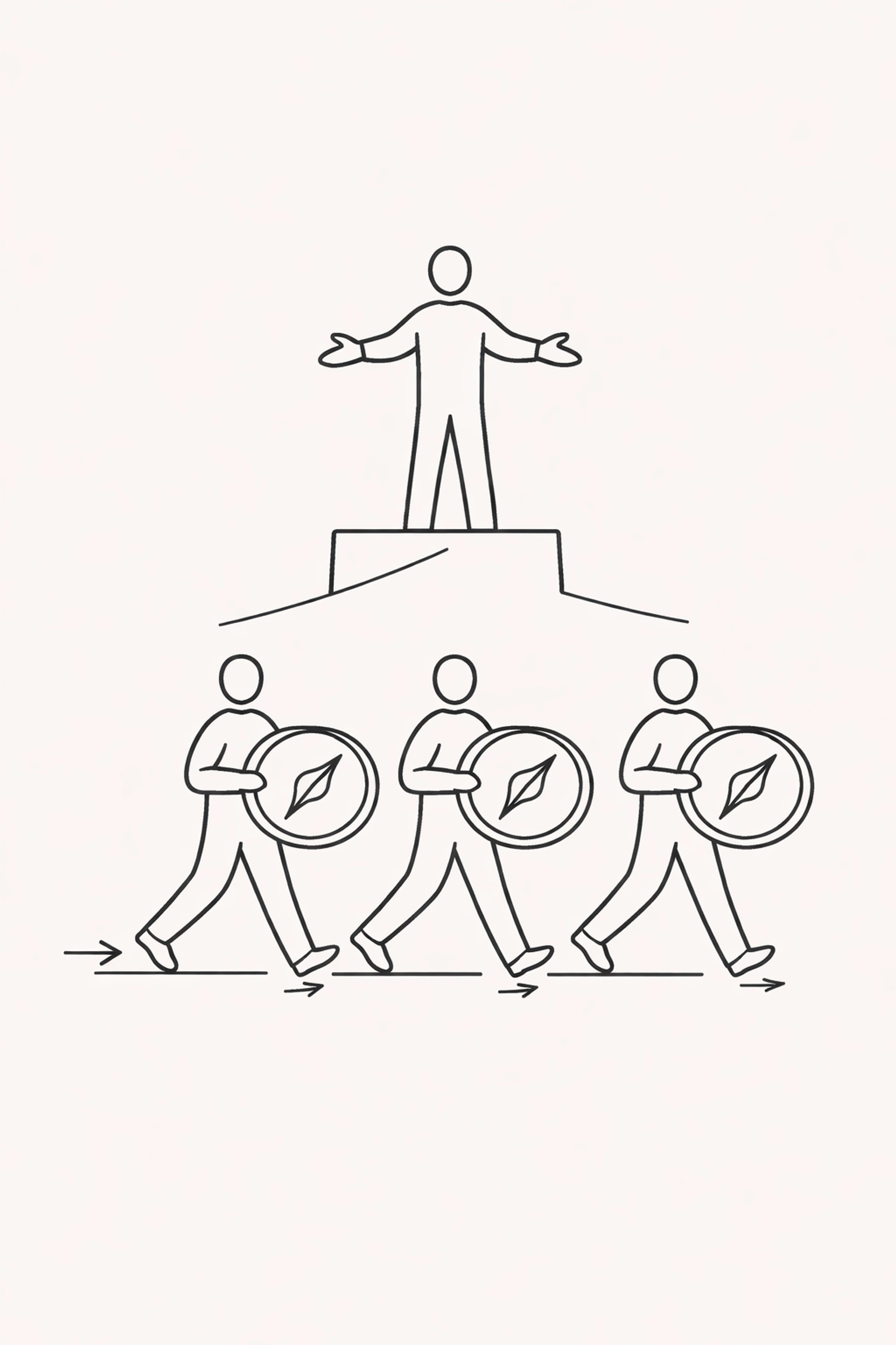 Minimalist drawing of a leader guiding empowered team members, illustrating leadership transition from owner to CEO