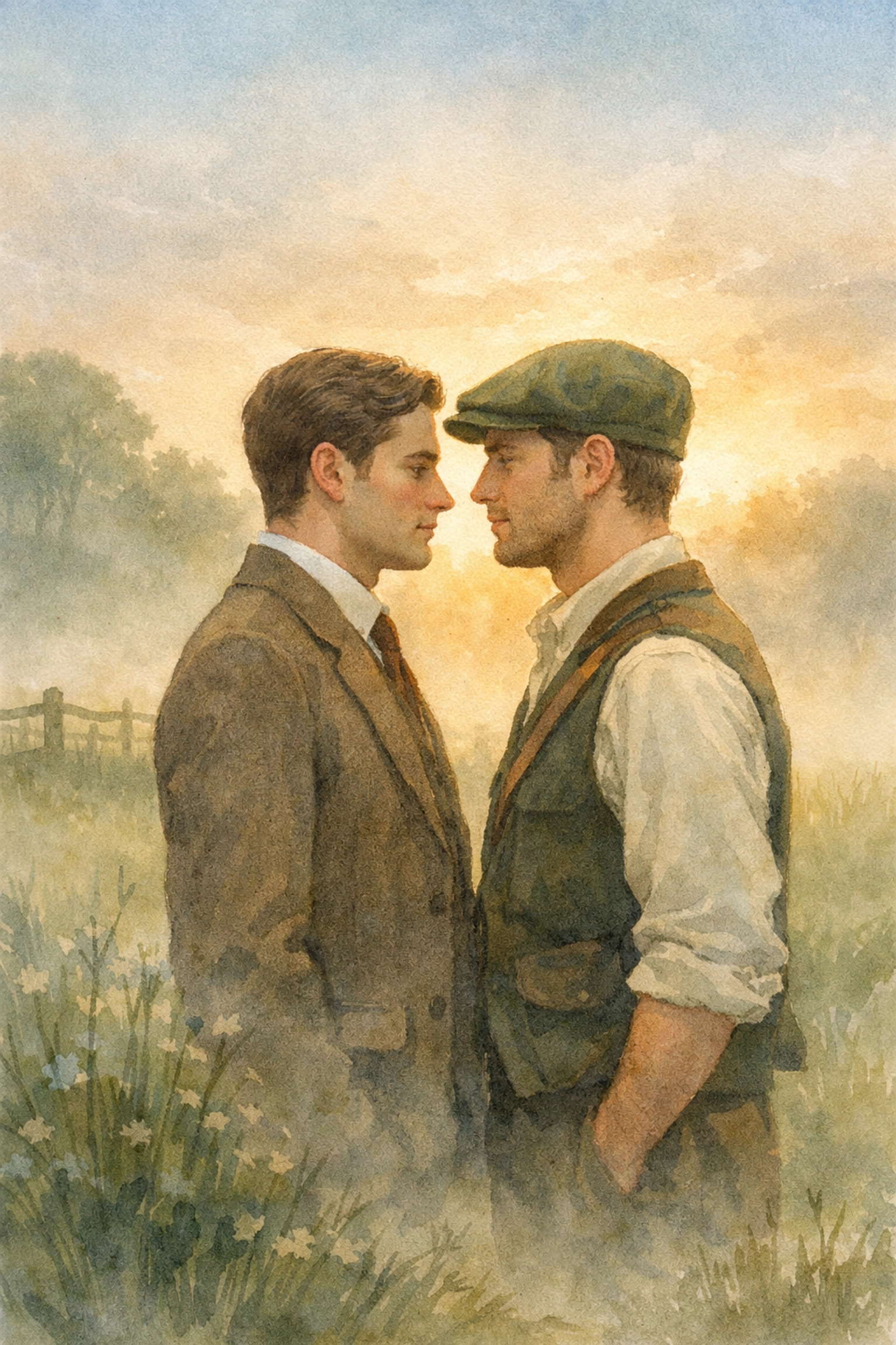 Two men in Edwardian England countryside symbolizing Maurice and Alec's forbidden gay romance