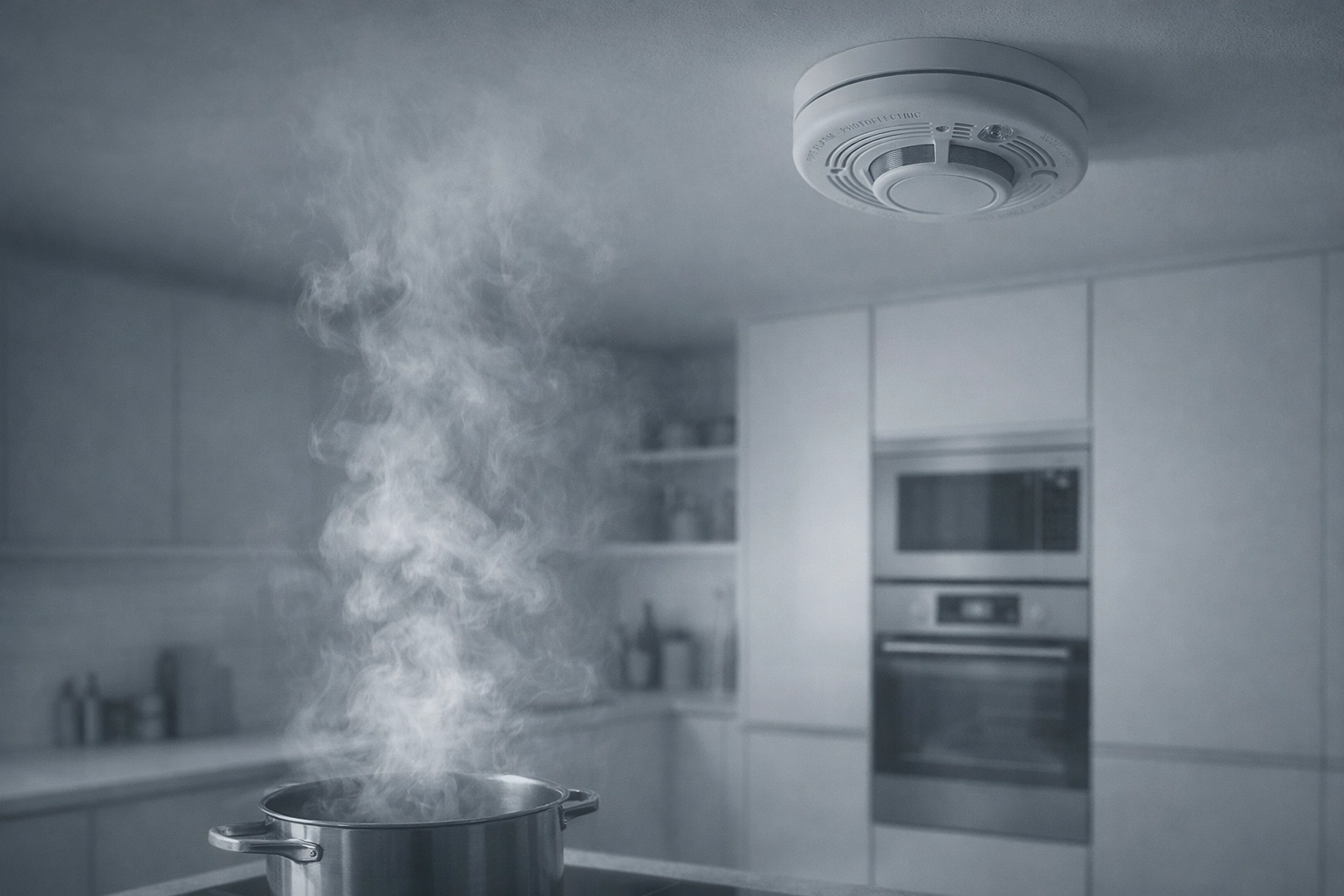 Kitchen with steam and a smoke detector in a blue-tinted grayscale style