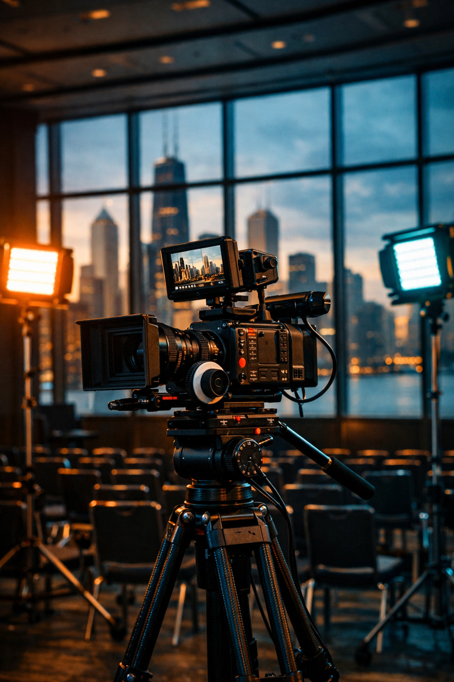 Professional event video production setup with cinema cameras in a Chicago conference hall.